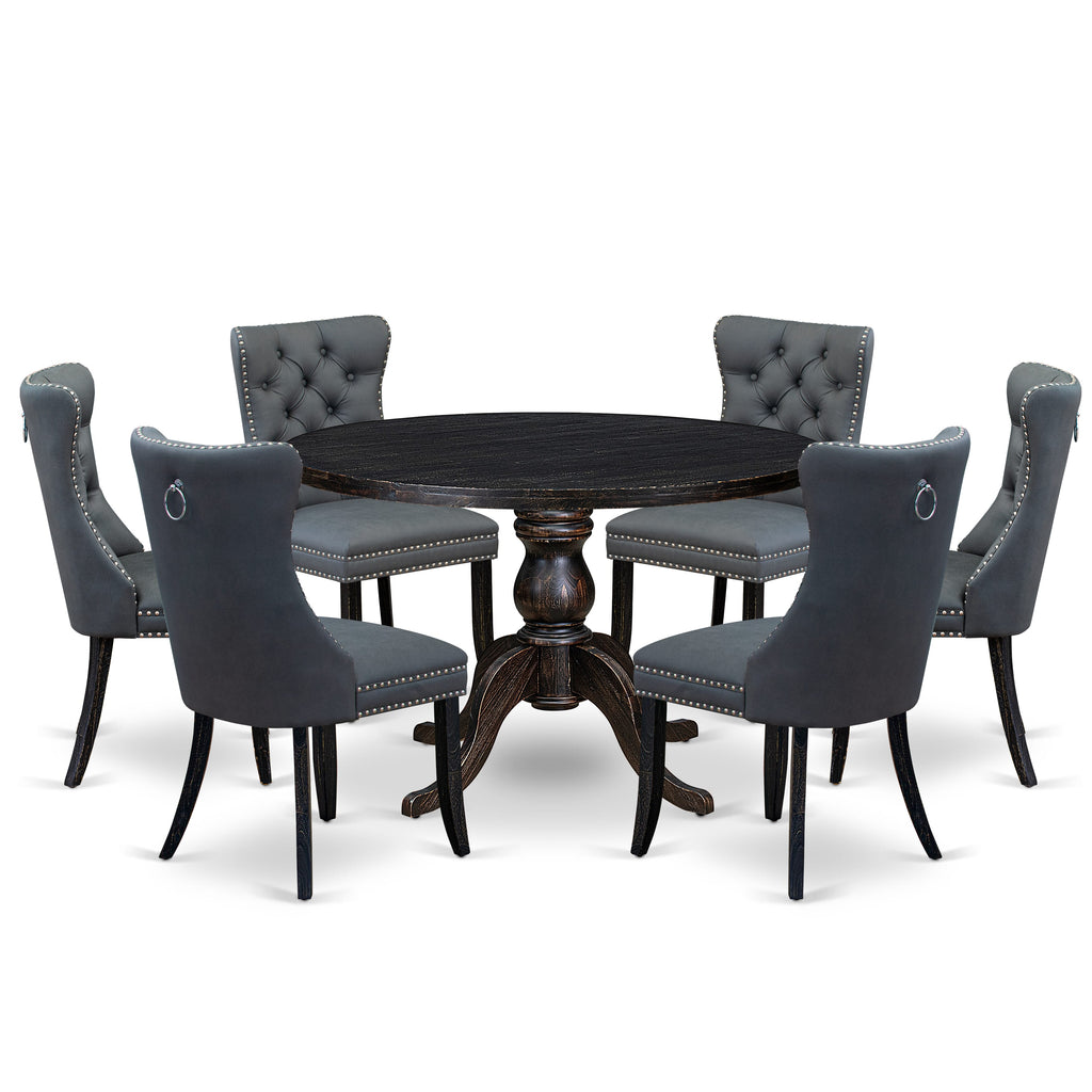 Luxe by East West Furniture I6DA7-411-13 7-piece Dining Room Set with Faux Leather 6 Platinum Gray kitchen chairs, Button-Tufted Backs, and a 48"Round Kitchen Table in Sand Blasted Black Finish.