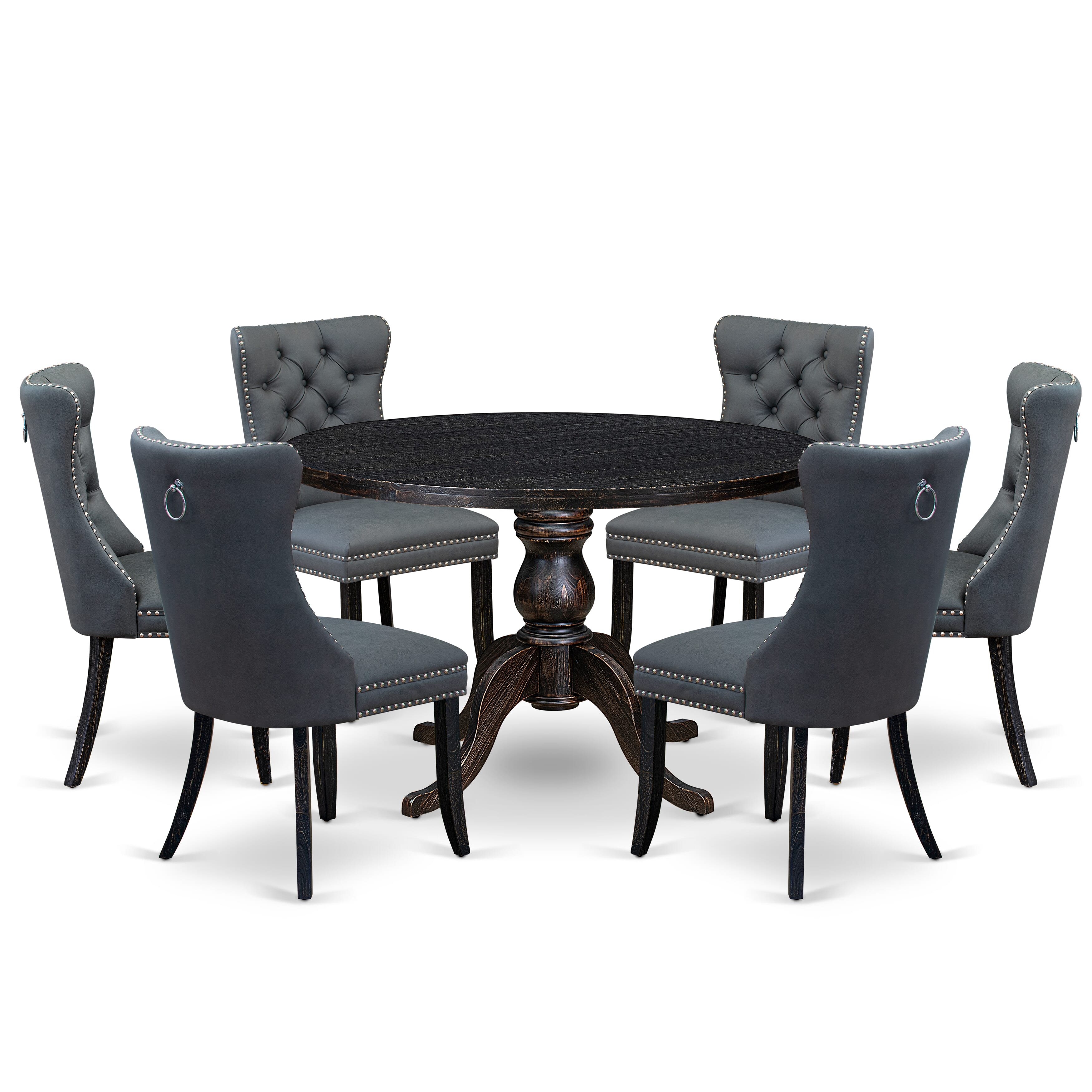Luxe by East West Furniture I6DA7-411-13 7-piece Dining Room Set with Faux Leather 6 Platinum Gray kitchen chairs, Button-Tufted Backs, and a 48"Round Kitchen Table in Sand Blasted Black Finish.