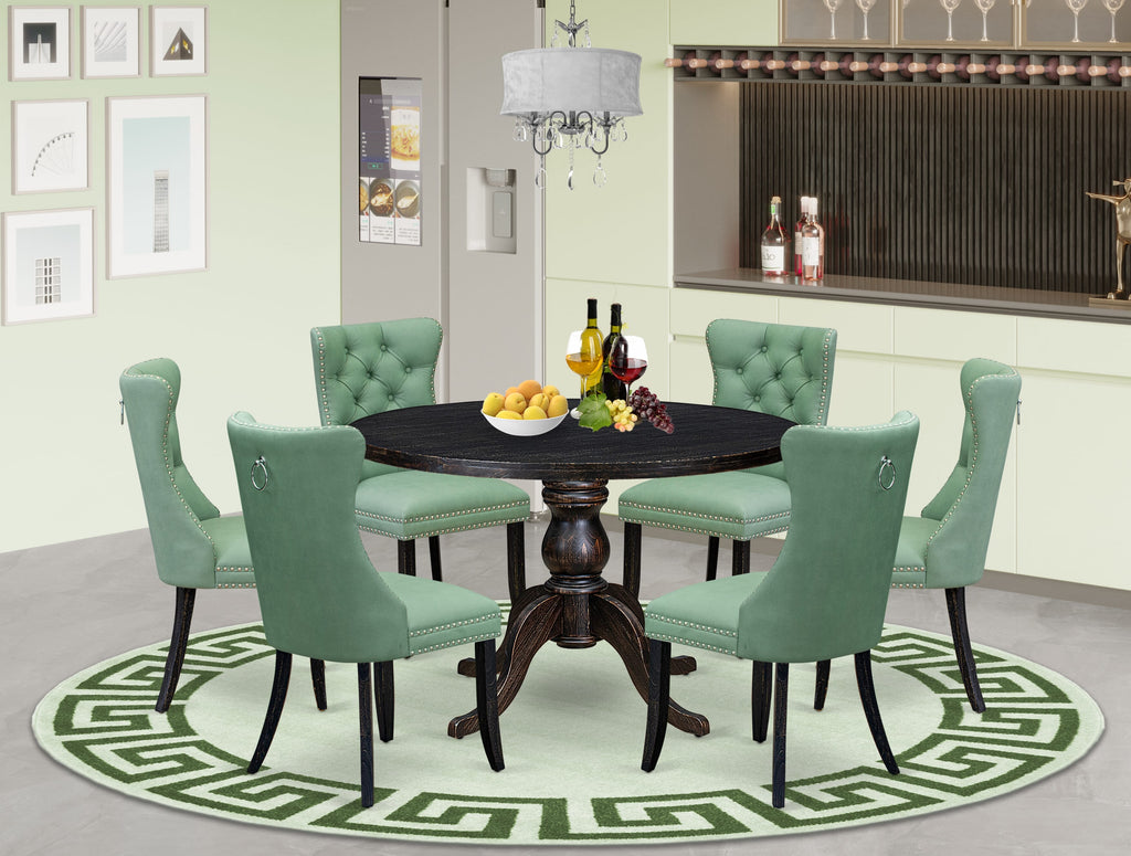 Luxe by East West Furniture I6DA7-411-22 7 Piece Dinette Set Consists of a 48" Round Table with Pedestal and 6 Willow Green Faux Leather Dining Chairs, Sand Blasted Black