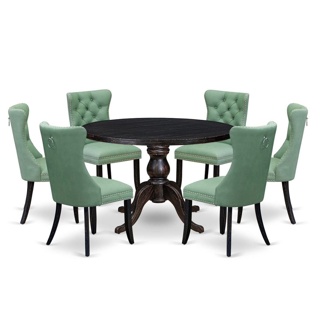 Luxe by East West Furniture I6DA7-411-22 7 Piece Dinette Set Consists of a 48" Round Table with Pedestal and 6 Willow Green Faux Leather Dining Chairs, Sand Blasted Black