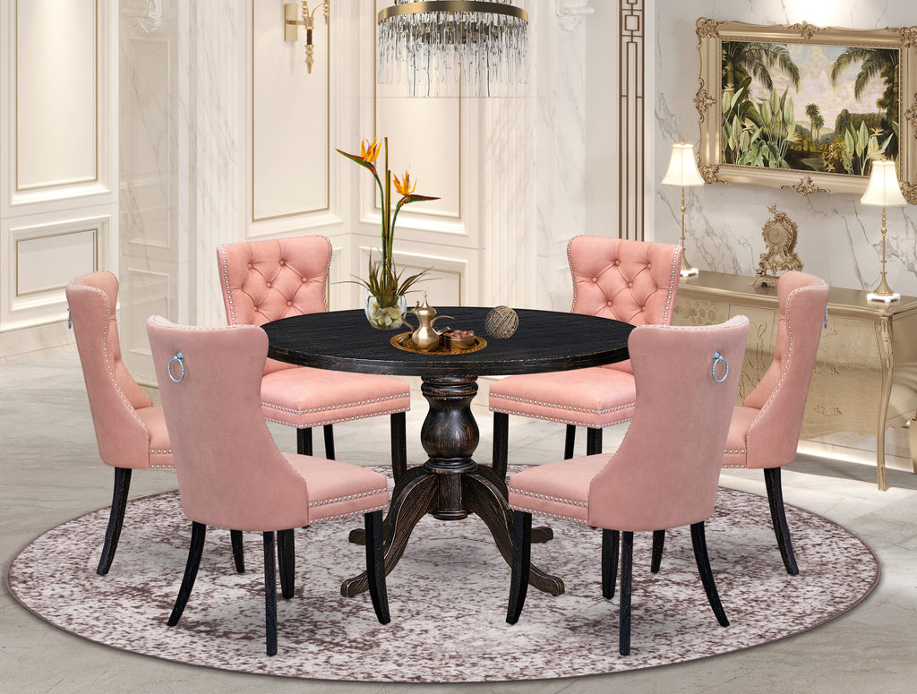 Luxe by East West Furniture I6DA7-411-23 7 Piece Dining Set Consists of a 48" Round Table with Pedestal and 6 Beige Red Faux Leather Upholstered Chairs, Sand Blasted Black