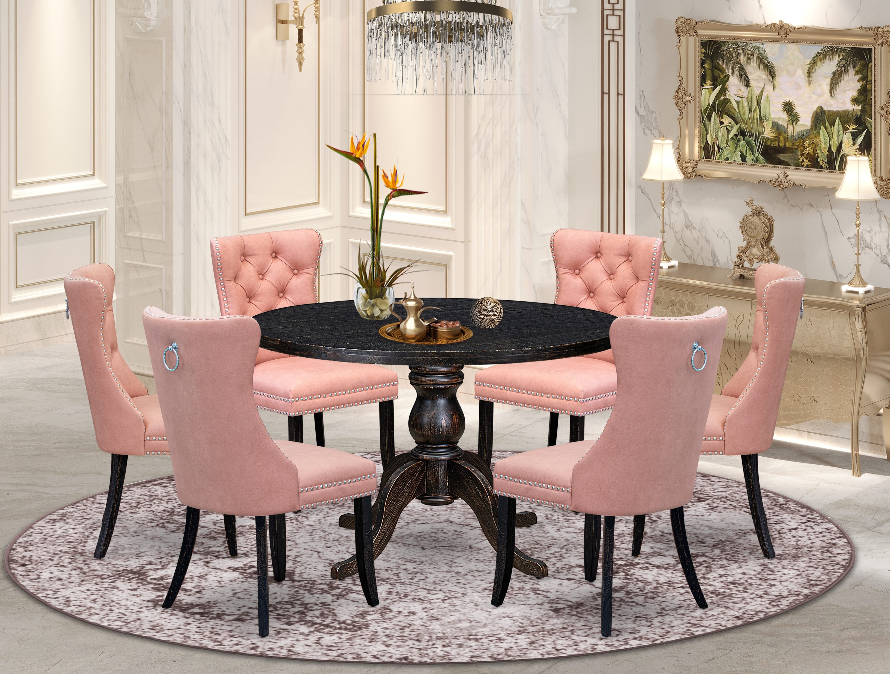 Luxe by East West Furniture I6DA7-411-23 7 Piece Dining Set Consists of a 48" Round Table with Pedestal and 6 Beige Red Faux Leather Upholstered Chairs, Sand Blasted Black