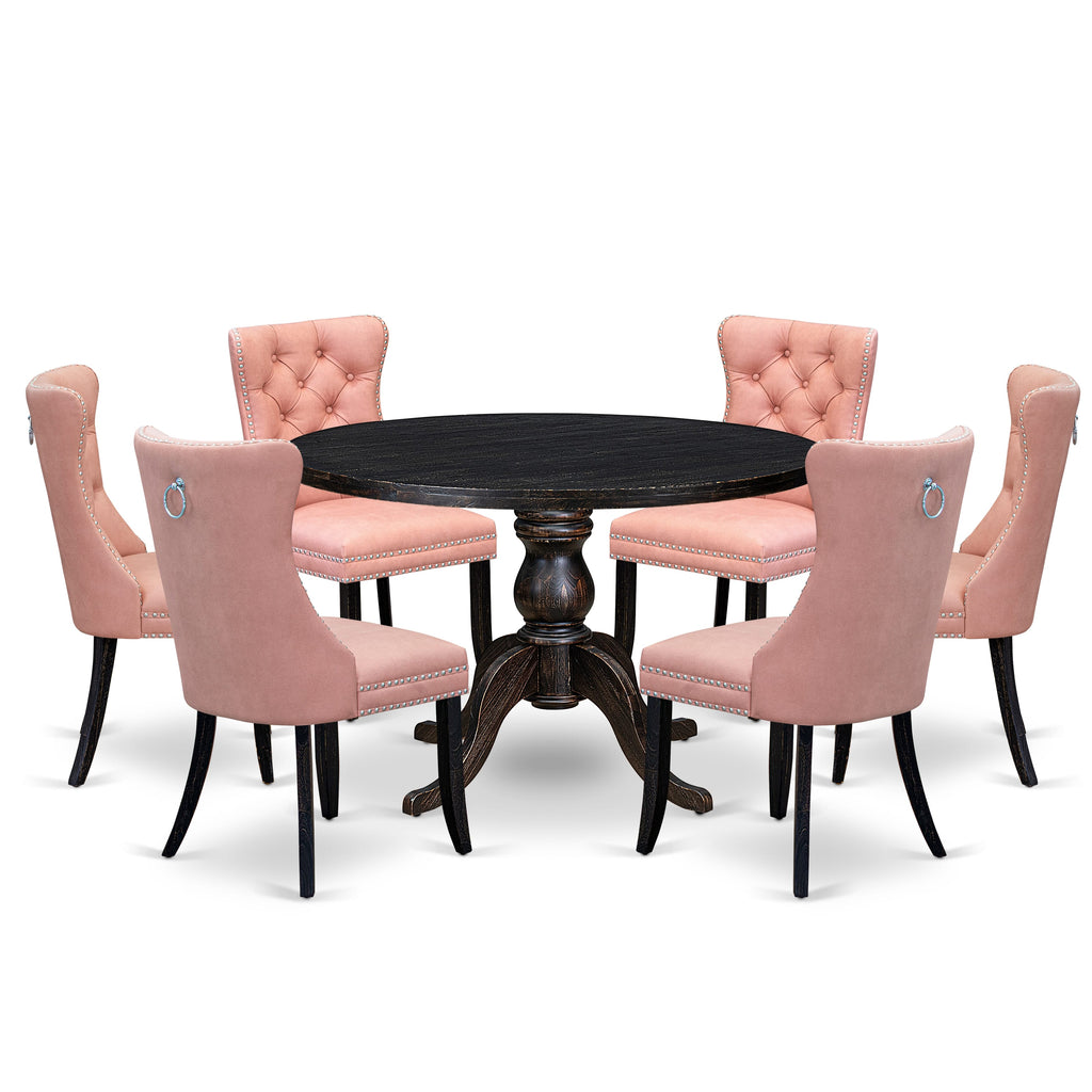 Luxe by East West Furniture I6DA7-411-23 7 Piece Dining Set Consists of a 48" Round Table with Pedestal and 6 Beige Red Faux Leather Upholstered Chairs, Sand Blasted Black