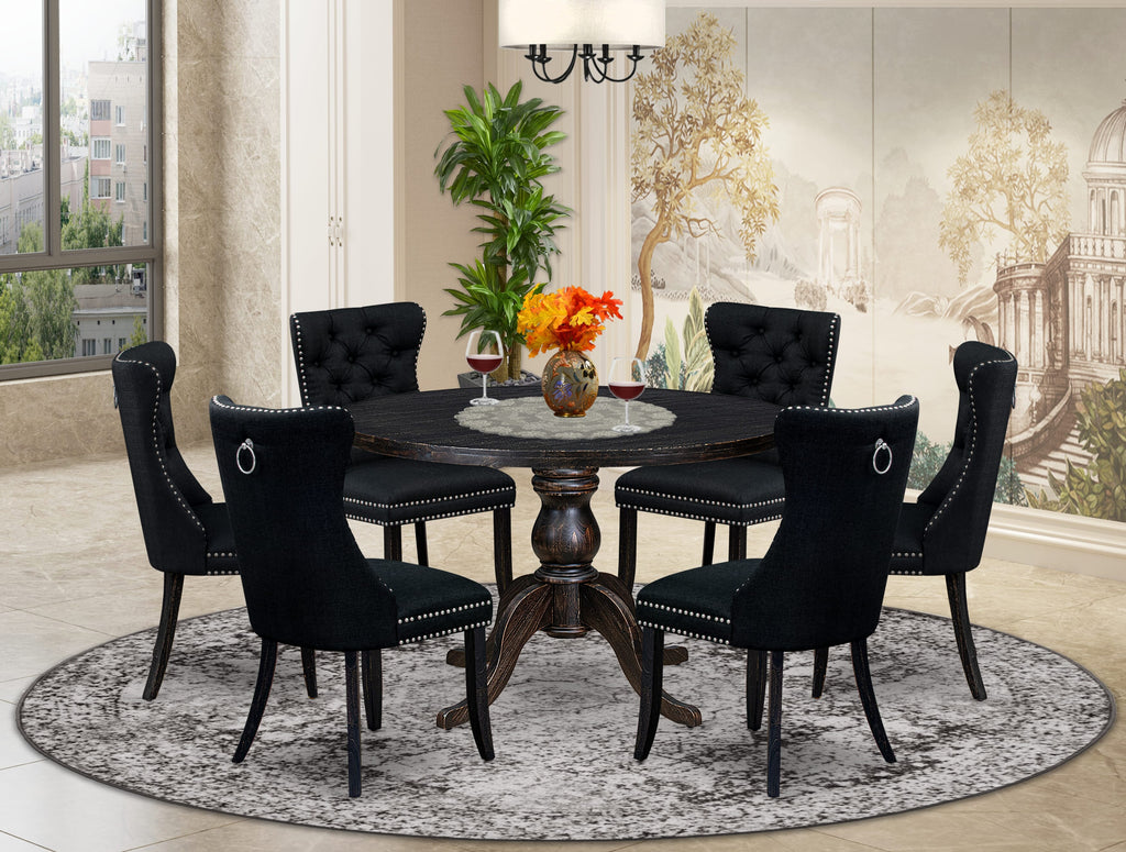 Luxe by East West Furniture -I6DA7-411-24 7-piece Dining Set included a dinning table and 6 Black Linen Fabric dining chair with Button Tufted Back - Sand Blasted Black Finish