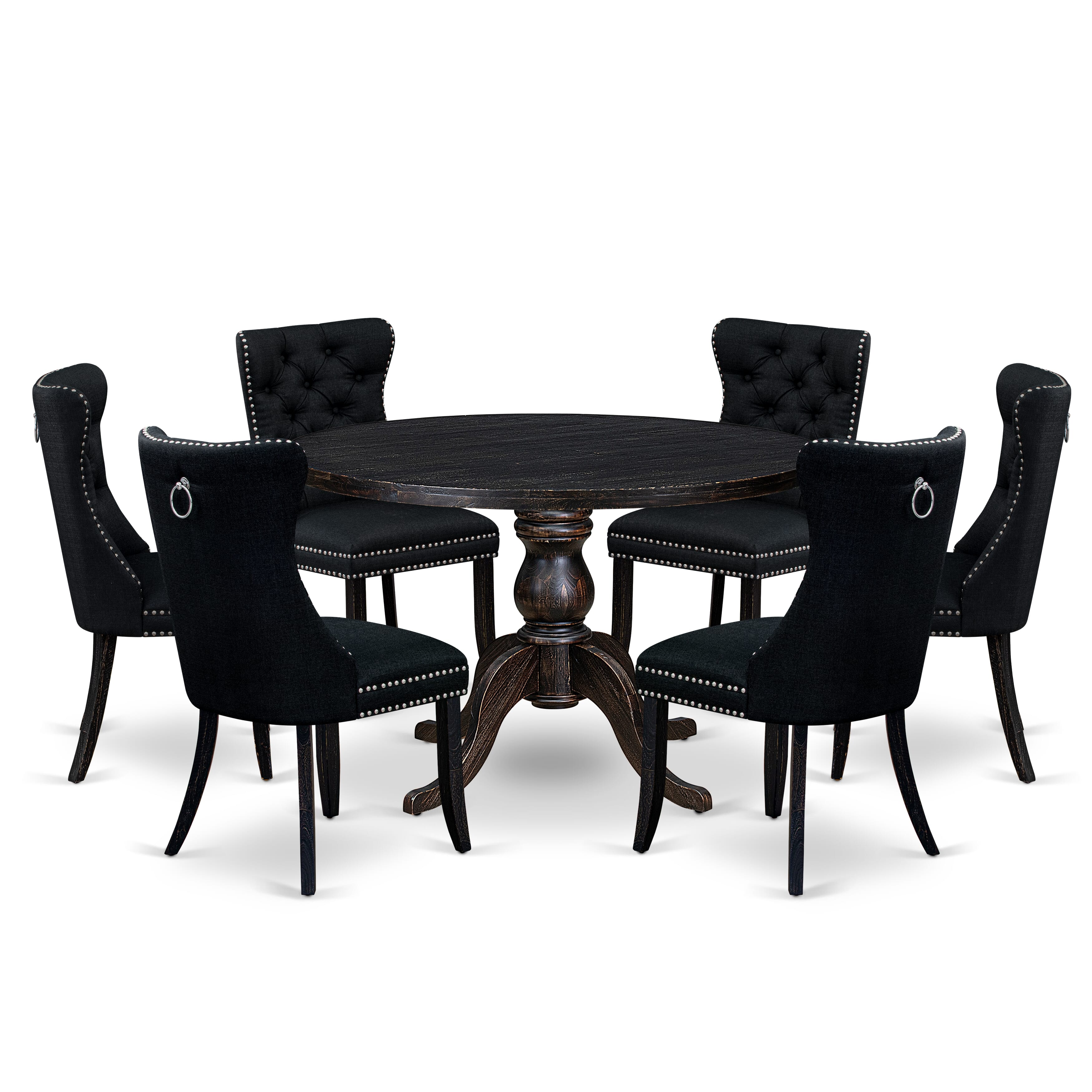 Luxe by East West Furniture -I6DA7-411-24 7-piece Dining Set included a dinning table and 6 Black Linen Fabric dining chair with Button Tufted Back - Sand Blasted Black Finish