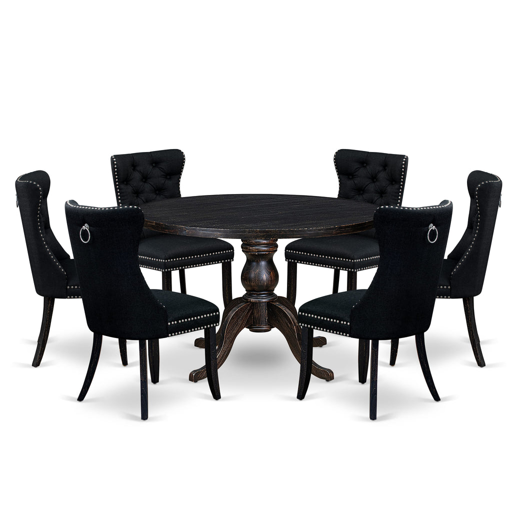 Luxe by East West Furniture -I6DA7-411-24 7-piece Dining Set included a dinning table and 6 Black Linen Fabric dining chair with Button Tufted Back - Sand Blasted Black Finish