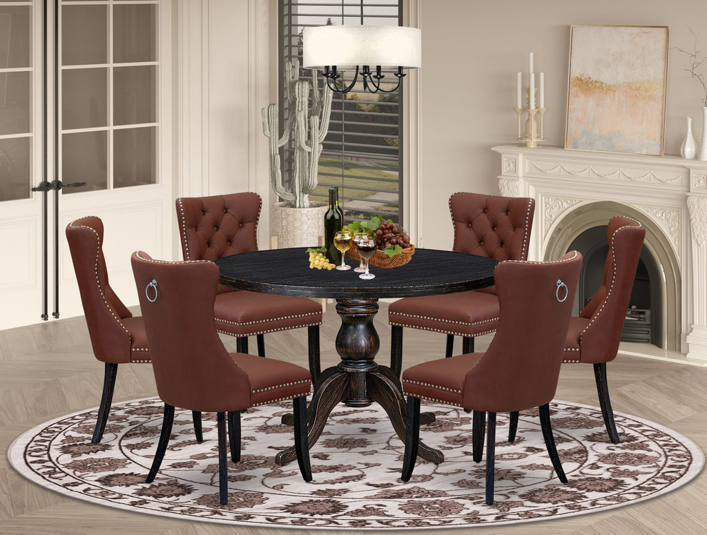 Luxe by East West Furniture I6DA7-411-26 7 Piece Dining Table Set Consists of a 48" Round Table with Pedestal and 6 Burgandy Faux Leather Parson Chairs, Sand Blasted Black