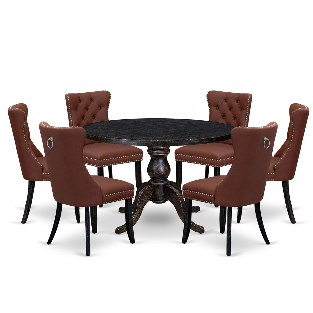 Luxe by East West Furniture I6DA7-411-26 7 Piece Dining Table Set Consists of a 48" Round Table with Pedestal and 6 Burgandy Faux Leather Parson Chairs, Sand Blasted Black