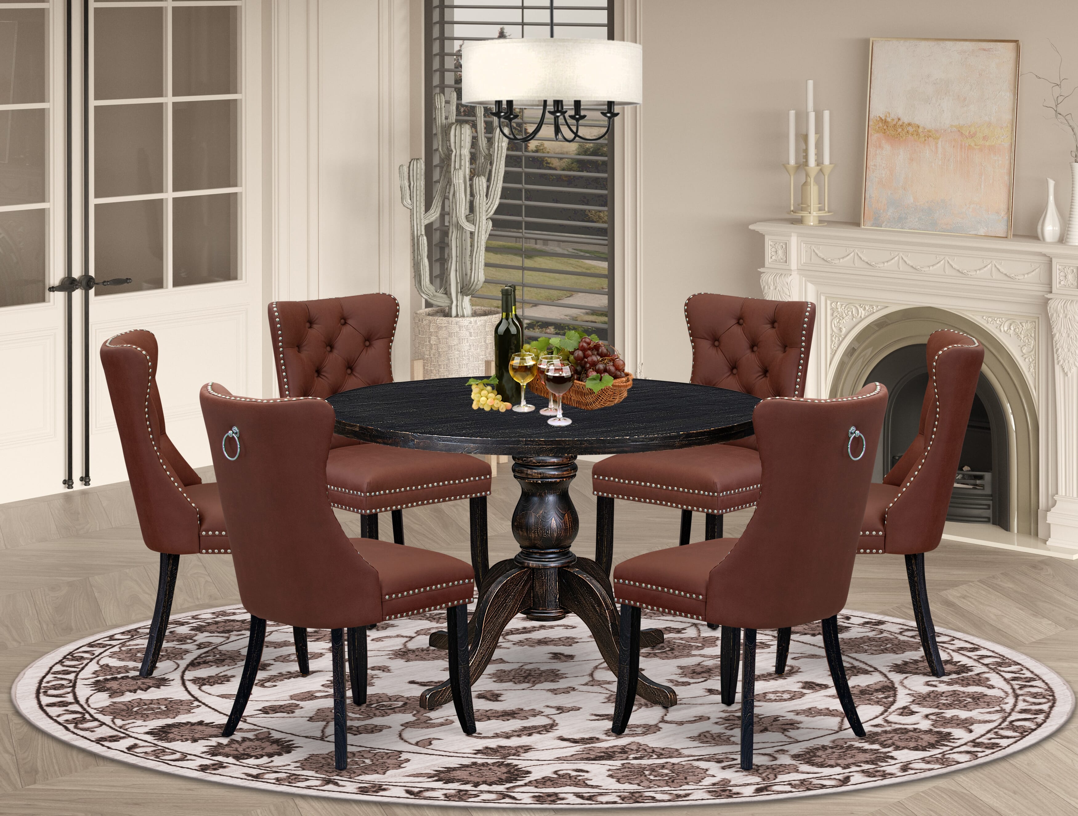 Luxe by East West Furniture I6DA7-411-26 7 Piece Dining Table Set Consists of a 48" Round Table with Pedestal and 6 Burgandy Faux Leather Parson Chairs, Sand Blasted Black
