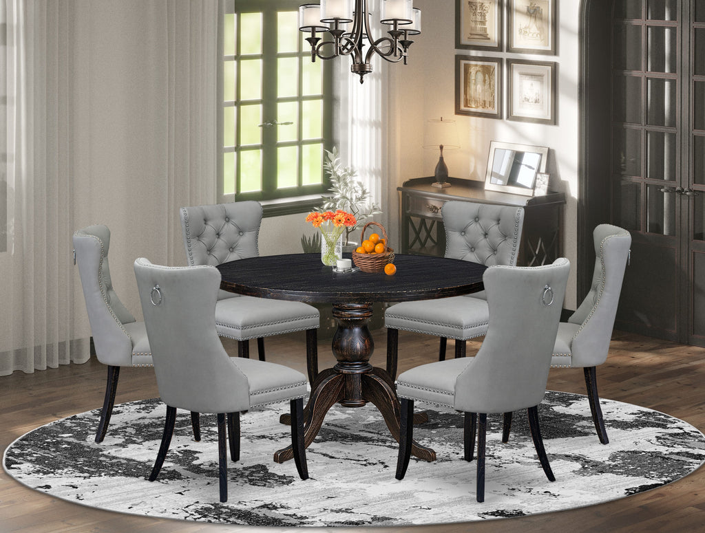 Luxe by East West Furniture I6DA7-411-27 7 Piece Dining Table Set Consists of a 48" Round Table with Pedestal and 6 Light Gray Faux Leather Padded Chairs, Sand Blasted Black
