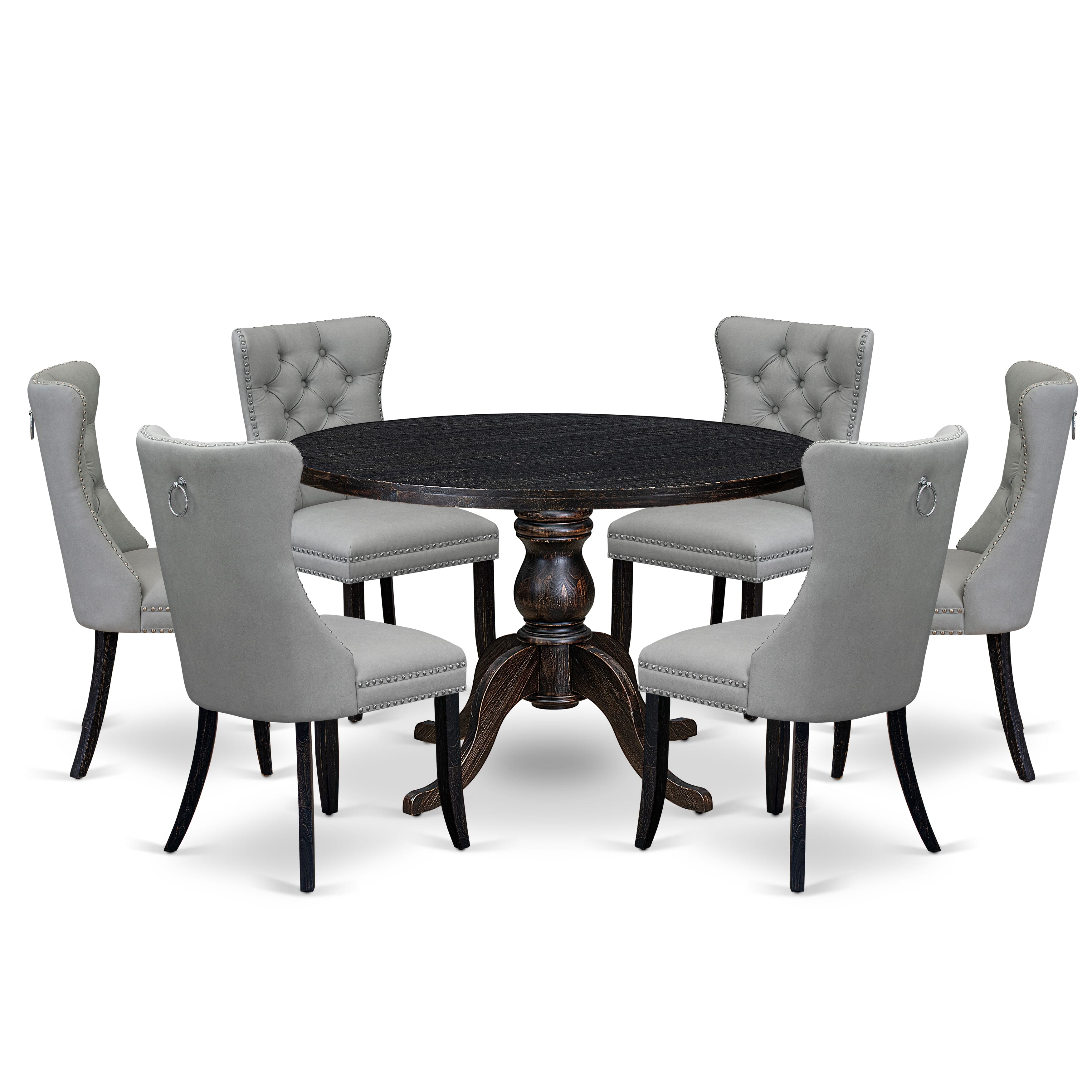 Luxe by East West Furniture I6DA7-411-27 7 Piece Dining Table Set Consists of a 48" Round Table with Pedestal and 6 Light Gray Faux Leather Padded Chairs, Sand Blasted Black