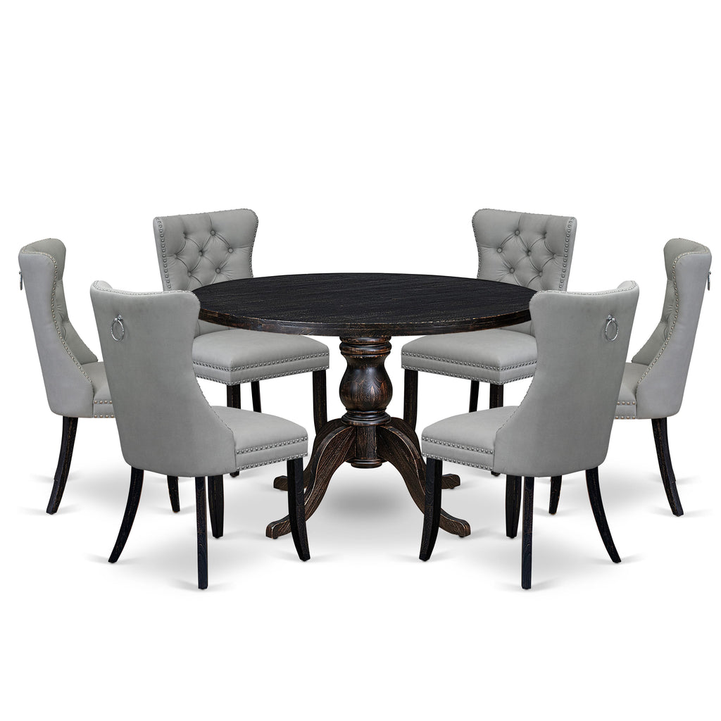Luxe by East West Furniture I6DA7-411-27 7 Piece Dining Table Set Consists of a 48" Round Table with Pedestal and 6 Light Gray Faux Leather Padded Chairs, Sand Blasted Black