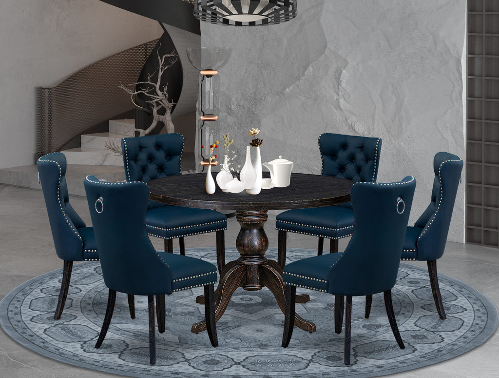Luxe by East West Furniture I6DA7-411-29 7 Piece Dining Table Set Consists of a 48" Round Table with Pedestal and 6 Navy Blue Faux Leather Padded Chairs, Sand Blasted Black