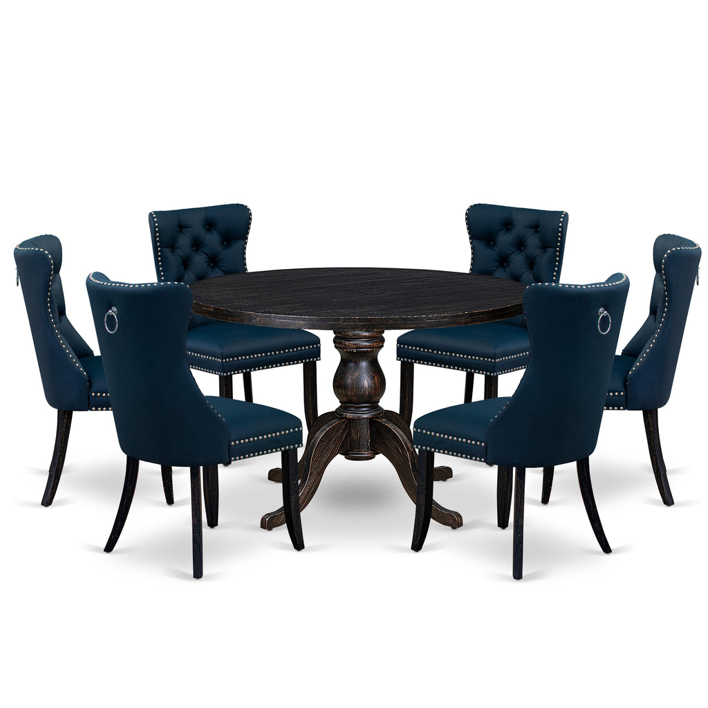 Luxe by East West Furniture I6DA7-411-29 7 Piece Dining Table Set Consists of a 48" Round Table with Pedestal and 6 Navy Blue Faux Leather Padded Chairs, Sand Blasted Black