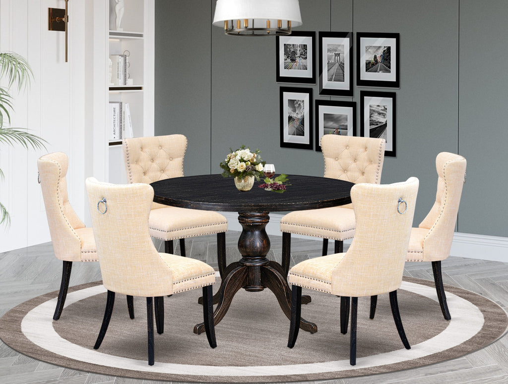 Luxe by East West Furniture I6DA7-411-32 7-pc Dining Set contains a wood table and 6 Light Beige Linen Fabric upholstered chairs with Button Tufted Back - Sand Blasted Black