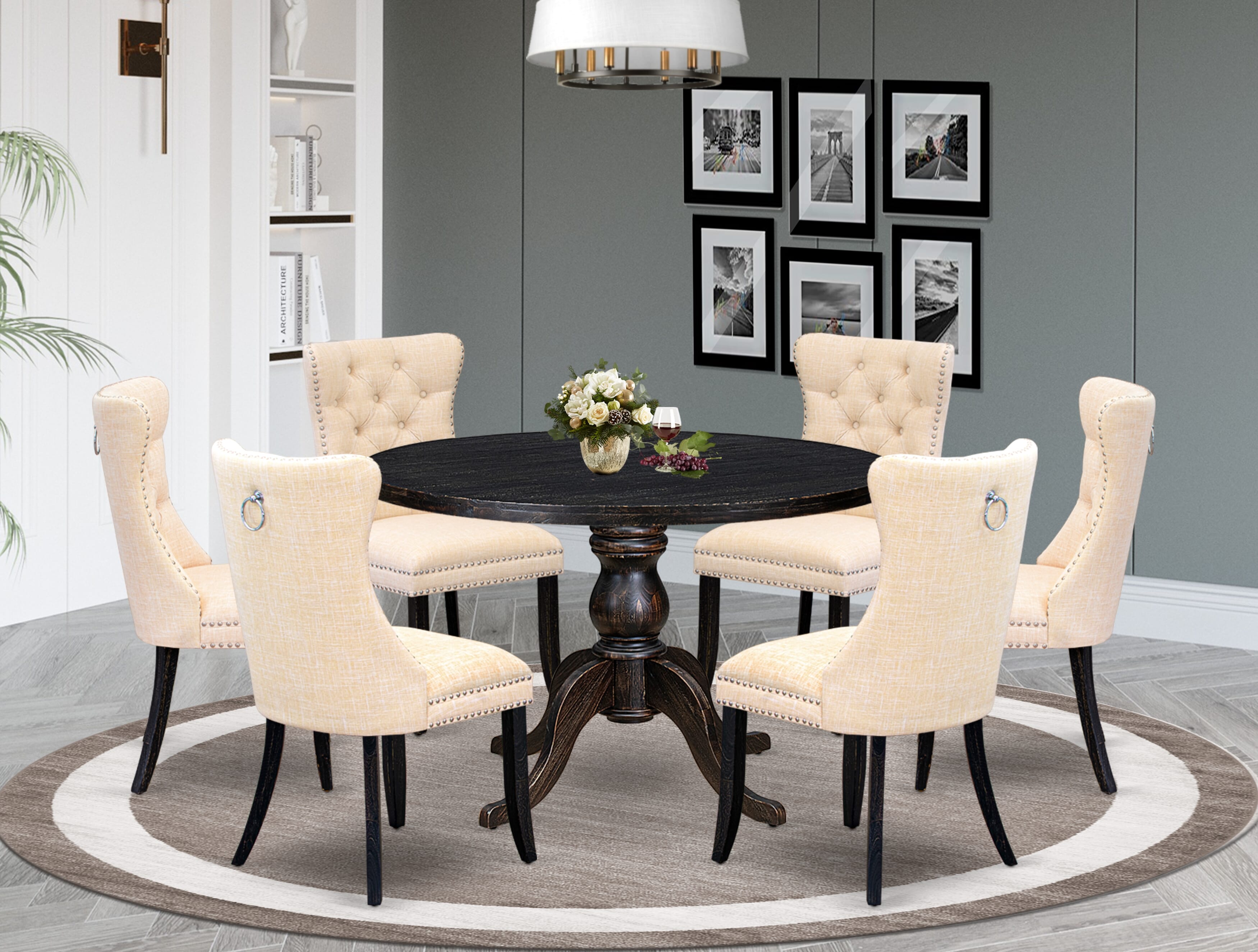 Luxe by East West Furniture I6DA7-411-32 7-pc Dining Set contains a wood table and 6 Light Beige Linen Fabric upholstered chairs with Button Tufted Back - Sand Blasted Black