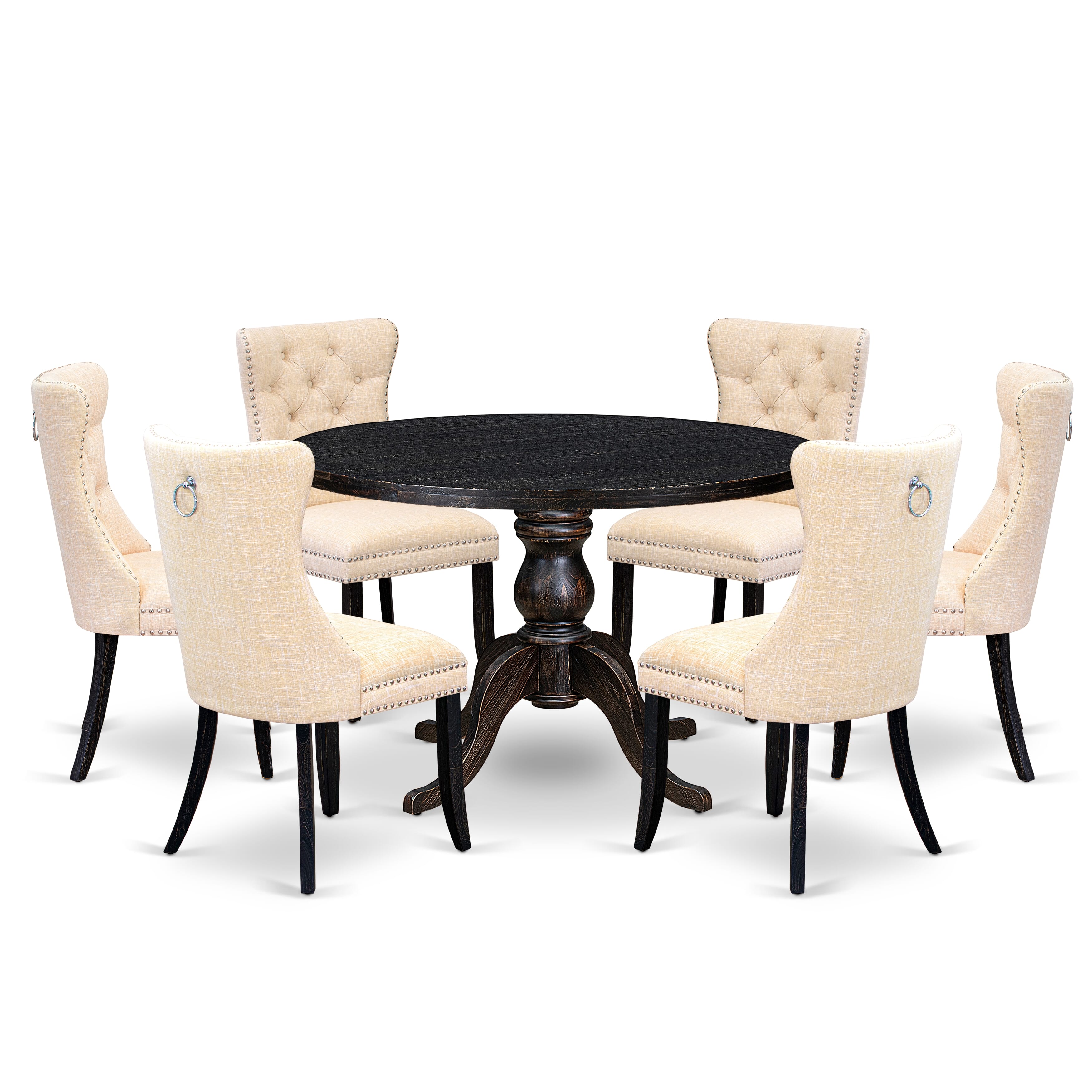 Luxe by East West Furniture I6DA7-411-32 7-pc Dining Set contains a wood table and 6 Light Beige Linen Fabric upholstered chairs with Button Tufted Back - Sand Blasted Black