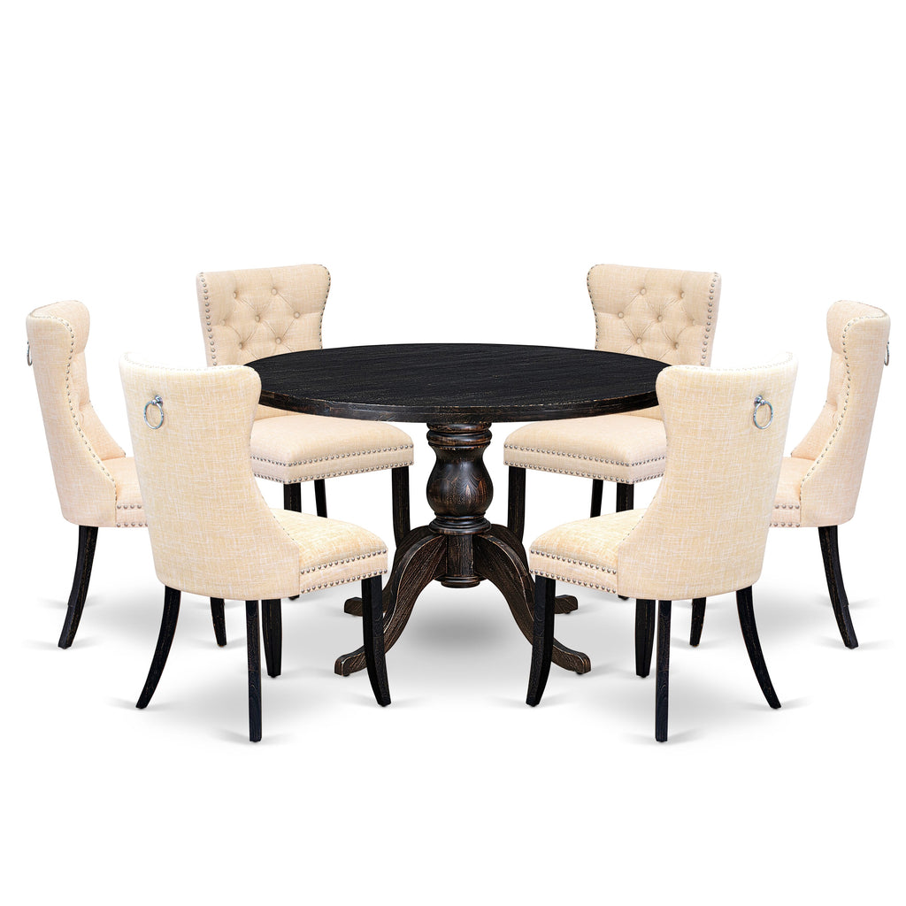Luxe by East West Furniture I6DA7-411-32 7-pc Dining Set contains a wood table and 6 Light Beige Linen Fabric upholstered chairs with Button Tufted Back - Sand Blasted Black
