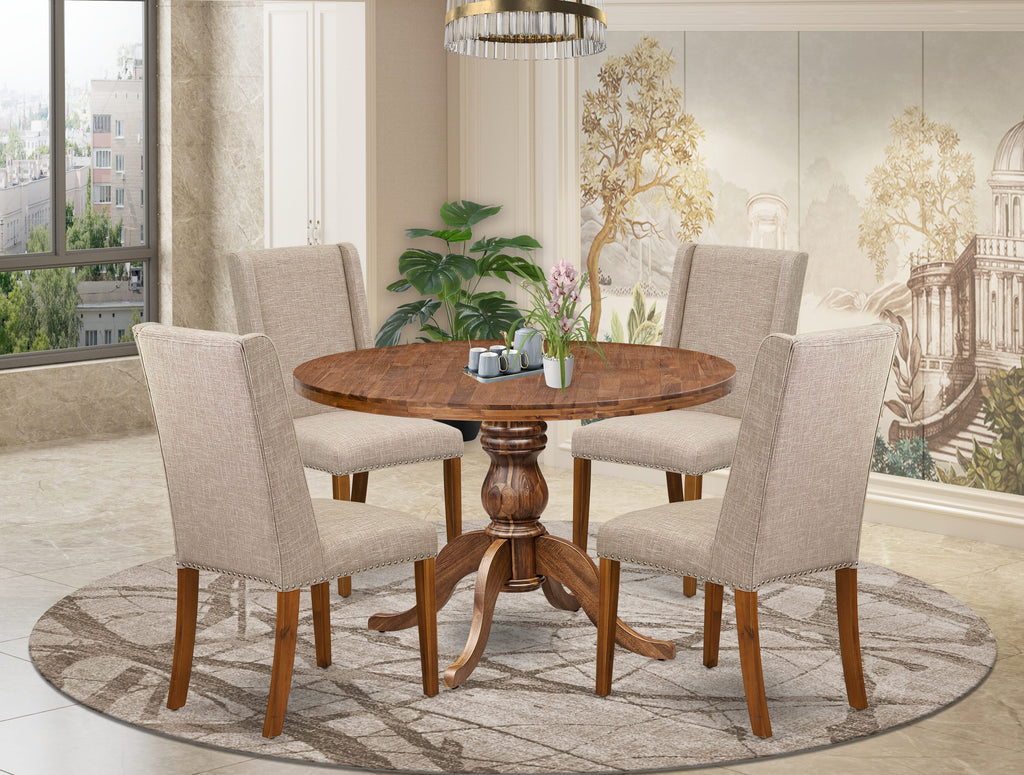Luxe by East West Furniture - I6FL5-40N-04 - 5-Piece Dining Room Table Set Includes A Dining Table and 4 Light Tan Linen Fabric Dining Chairs with High Back, Antique Walnut