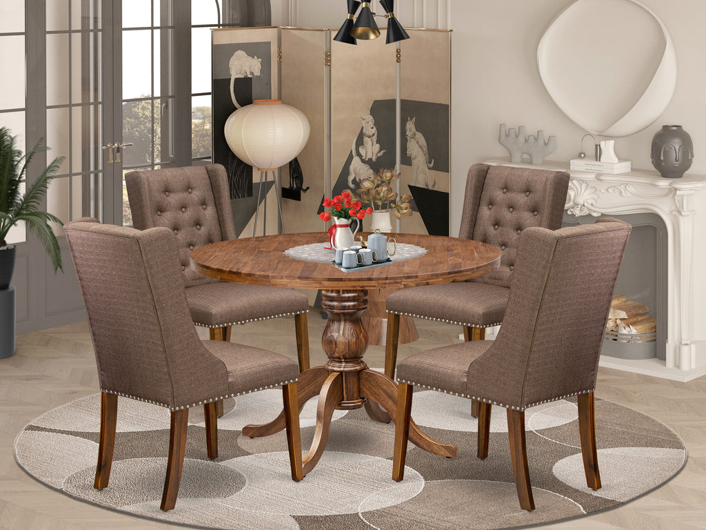 Luxe by East West Furniture - I6FO5-40N-18 - 5-Pc Mid Century Dining Set Includes A Wooden Dining Table and 4 Brown Linen Fabric Chairs with Button Tufted Back, Antique Walnut