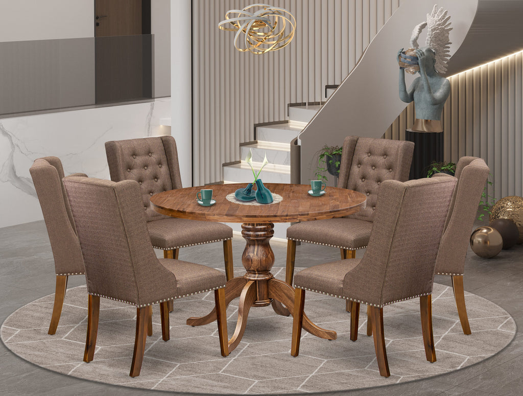 Luxe by East West Furniture - I6FO7-40N-18 - 7-Pc Mid Century Modern Dining Set Contains A Modern Table and 6 Brown Linen Fabric Chairs with Button Tufted Back, Antique Walnut