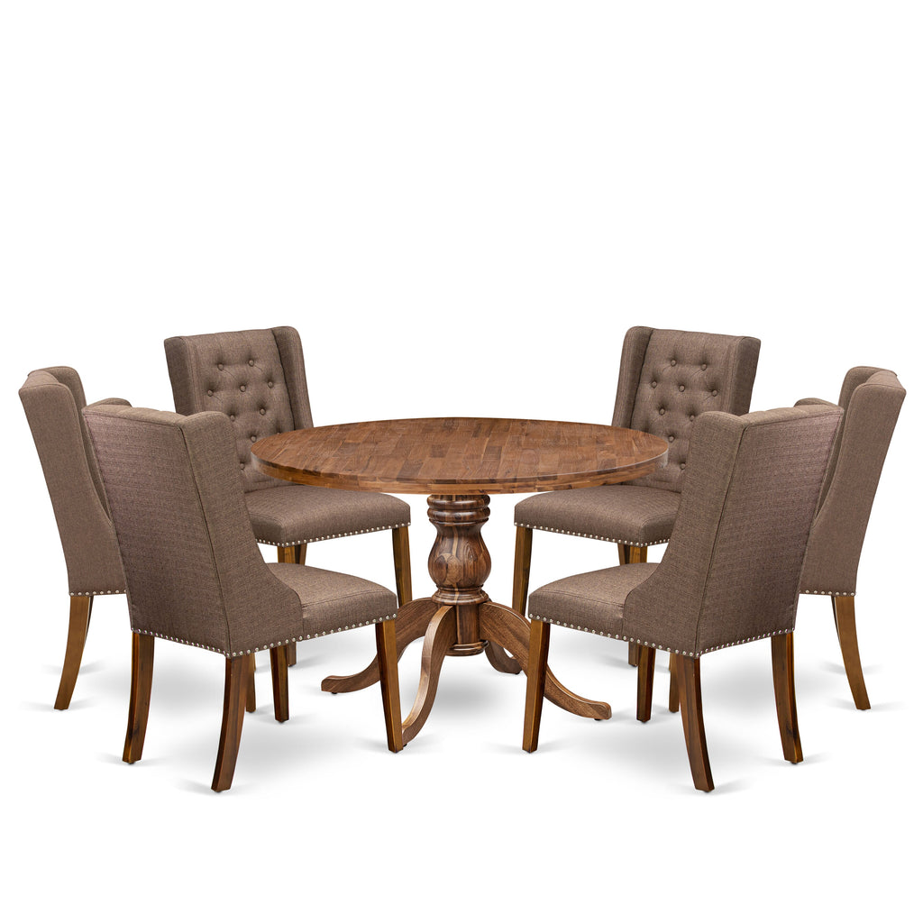 Luxe by East West Furniture - I6FO7-40N-18 - 7-Pc Mid Century Modern Dining Set Contains A Modern Table and 6 Brown Linen Fabric Chairs with Button Tufted Back, Antique Walnut