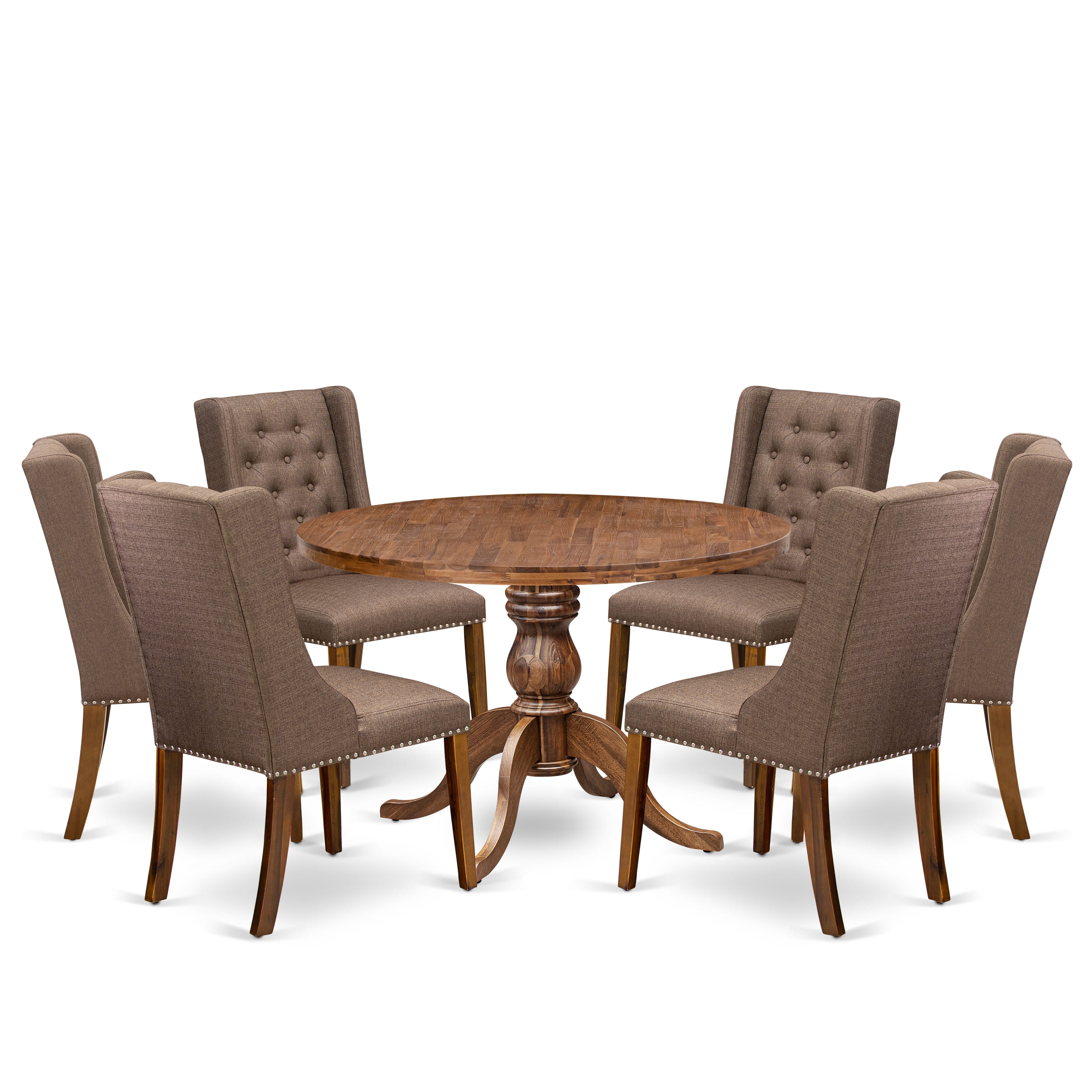 Luxe by East West Furniture - I6FO7-40N-18 - 7-Pc Mid Century Modern Dining Set Contains A Modern Table and 6 Brown Linen Fabric Chairs with Button Tufted Back, Antique Walnut