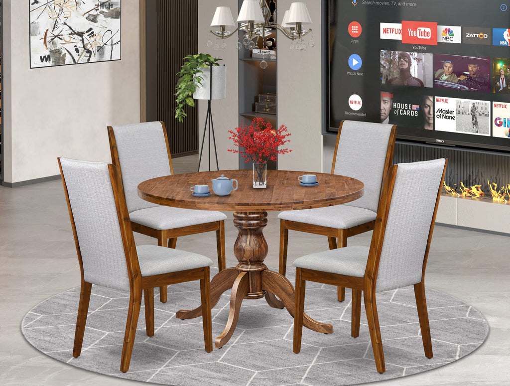 Luxe by East West Furniture I6LA5-40N-05 5-Pc Kitchen Table Set Includes a Pedestal Dining Table and 4 Grey Linen Fabric Dining Chairs with High Back - Antique Walnut Finish