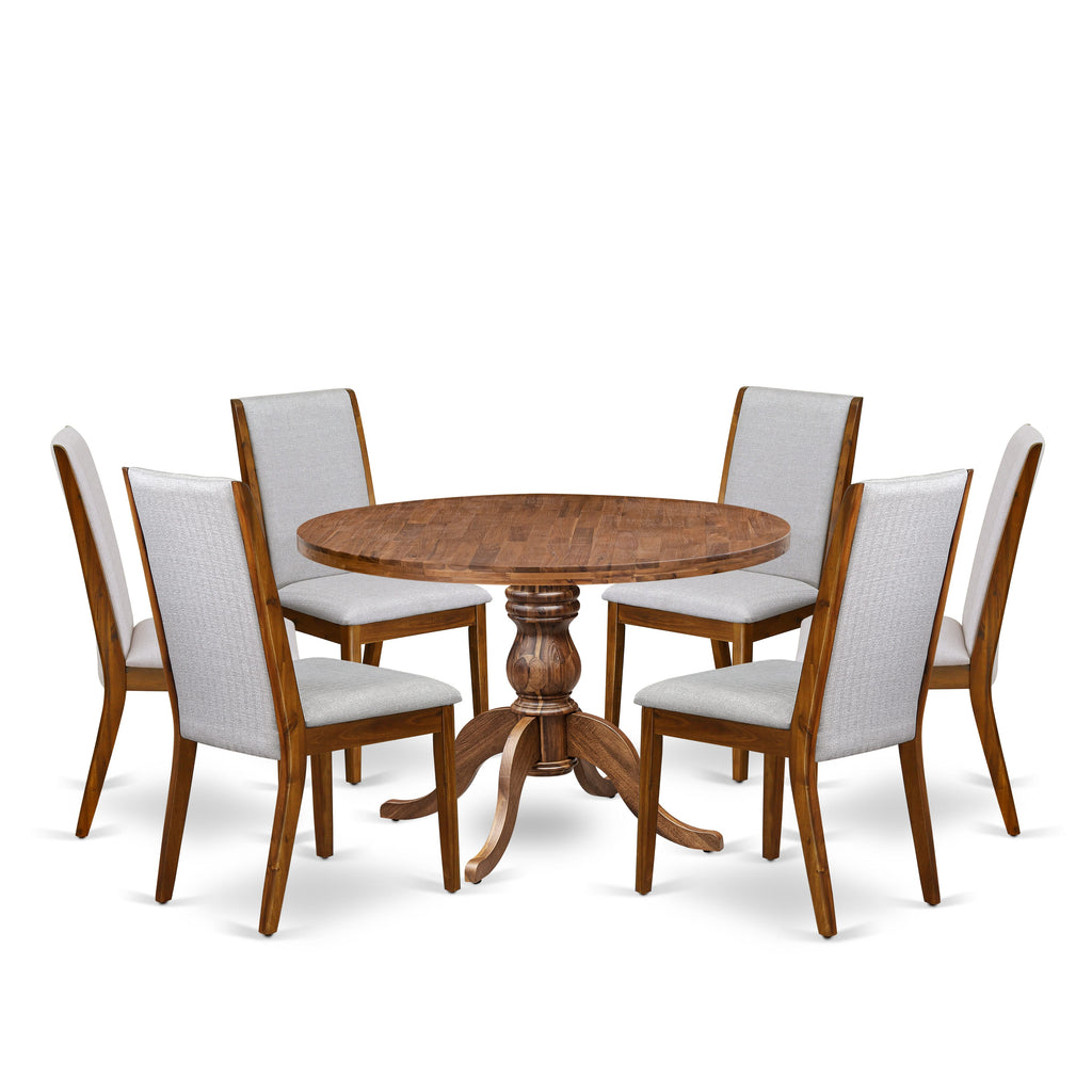 Luxe by East West Furniture I6LA7-40N-05 7-Pc Kitchen Set consists of a Pedestal Round Table and 6 Grey Linen Fabric Chairs with High Back - Antique Walnut Finish