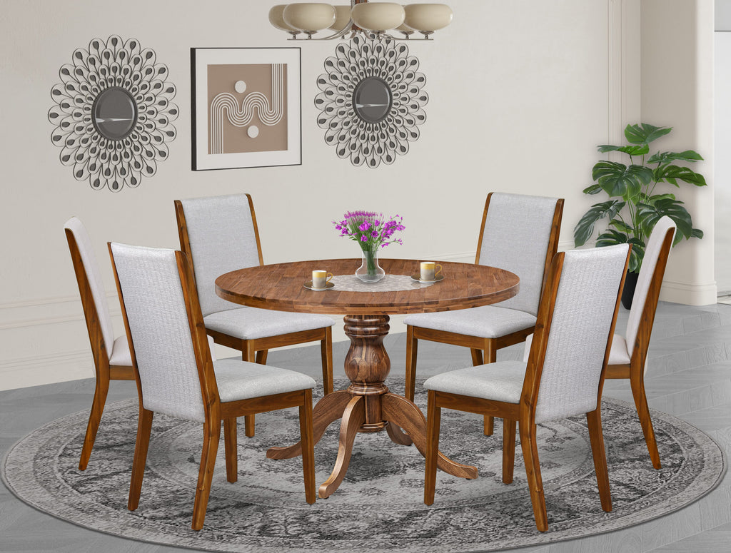 Luxe by East West Furniture I6LA7-40N-05 7-Pc Kitchen Set consists of a Pedestal Round Table and 6 Grey Linen Fabric Chairs with High Back - Antique Walnut Finish