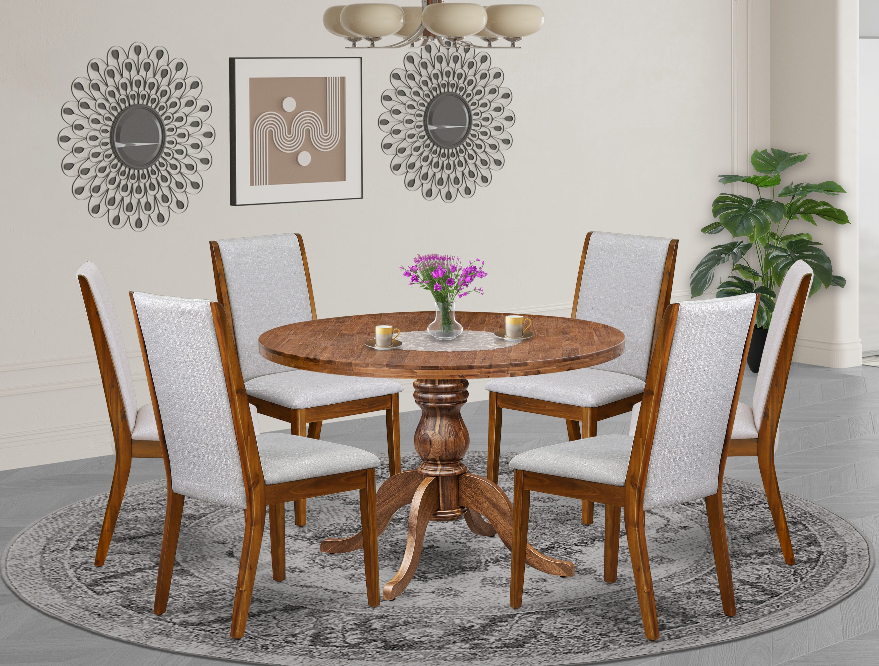 Luxe by East West Furniture I6LA7-40N-05 7-Pc Kitchen Set consists of a Pedestal Round Table and 6 Grey Linen Fabric Chairs with High Back - Antique Walnut Finish