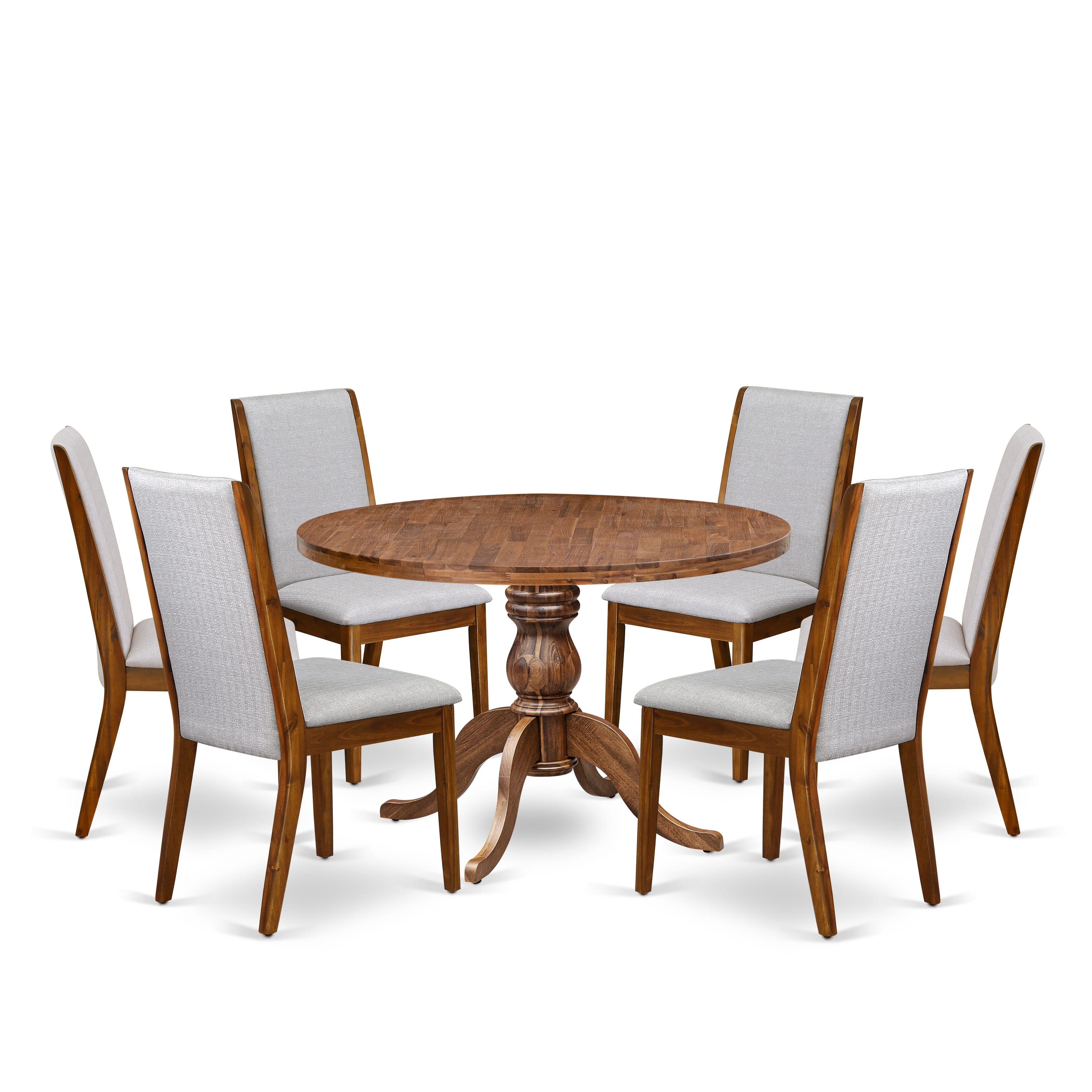 Luxe by East West Furniture I6LA7-40N-05 7-Pc Kitchen Set consists of a Pedestal Round Table and 6 Grey Linen Fabric Chairs with High Back - Antique Walnut Finish
