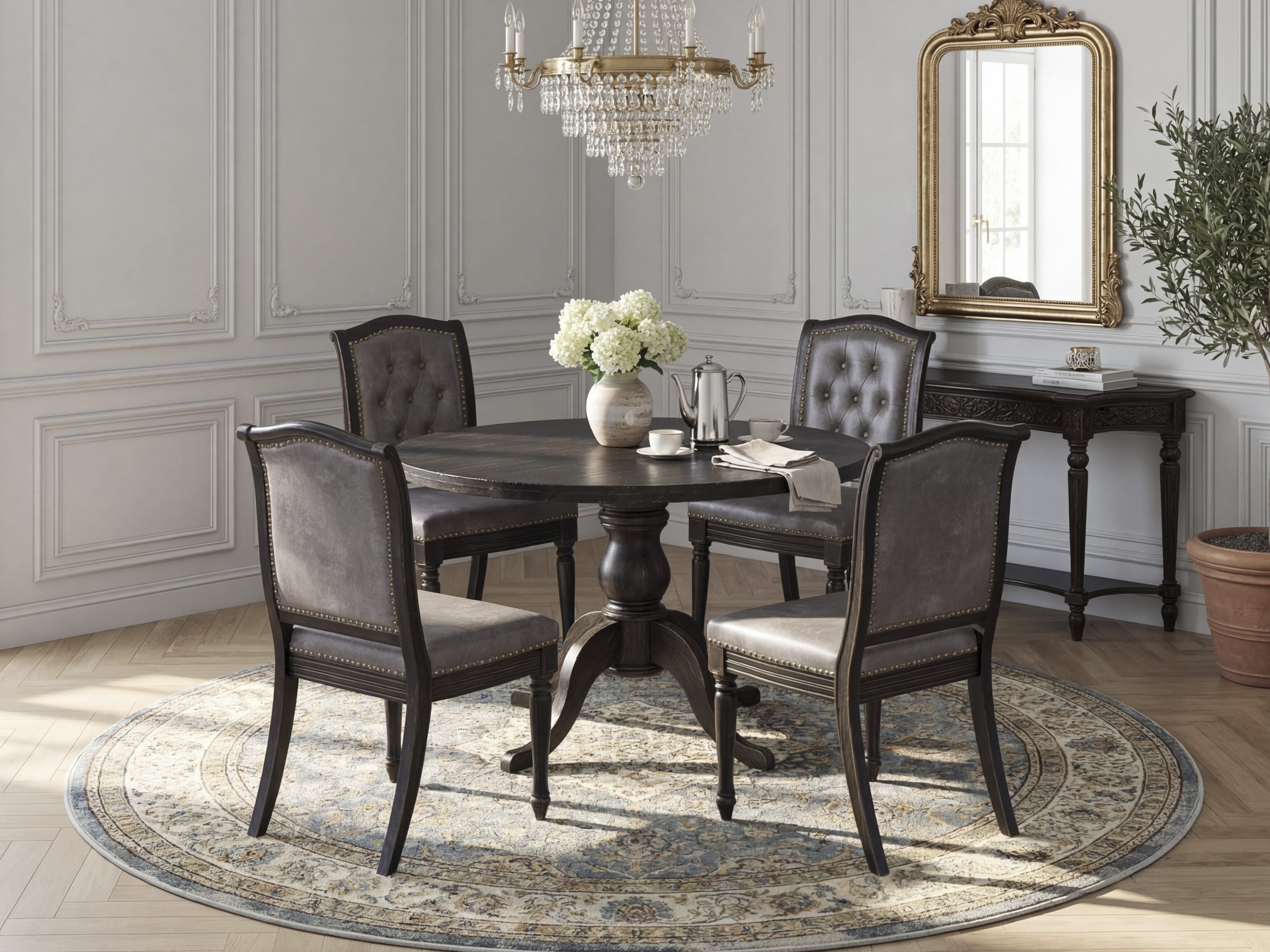 Luxe by East West Furniture I6MA5-411-34 5-Piece Kitchen Table Set with Polyester 4 Dark Gray kitchen chairs, Button tufted Back, and A Kitchen Table in Sand Blasting Black Finish.