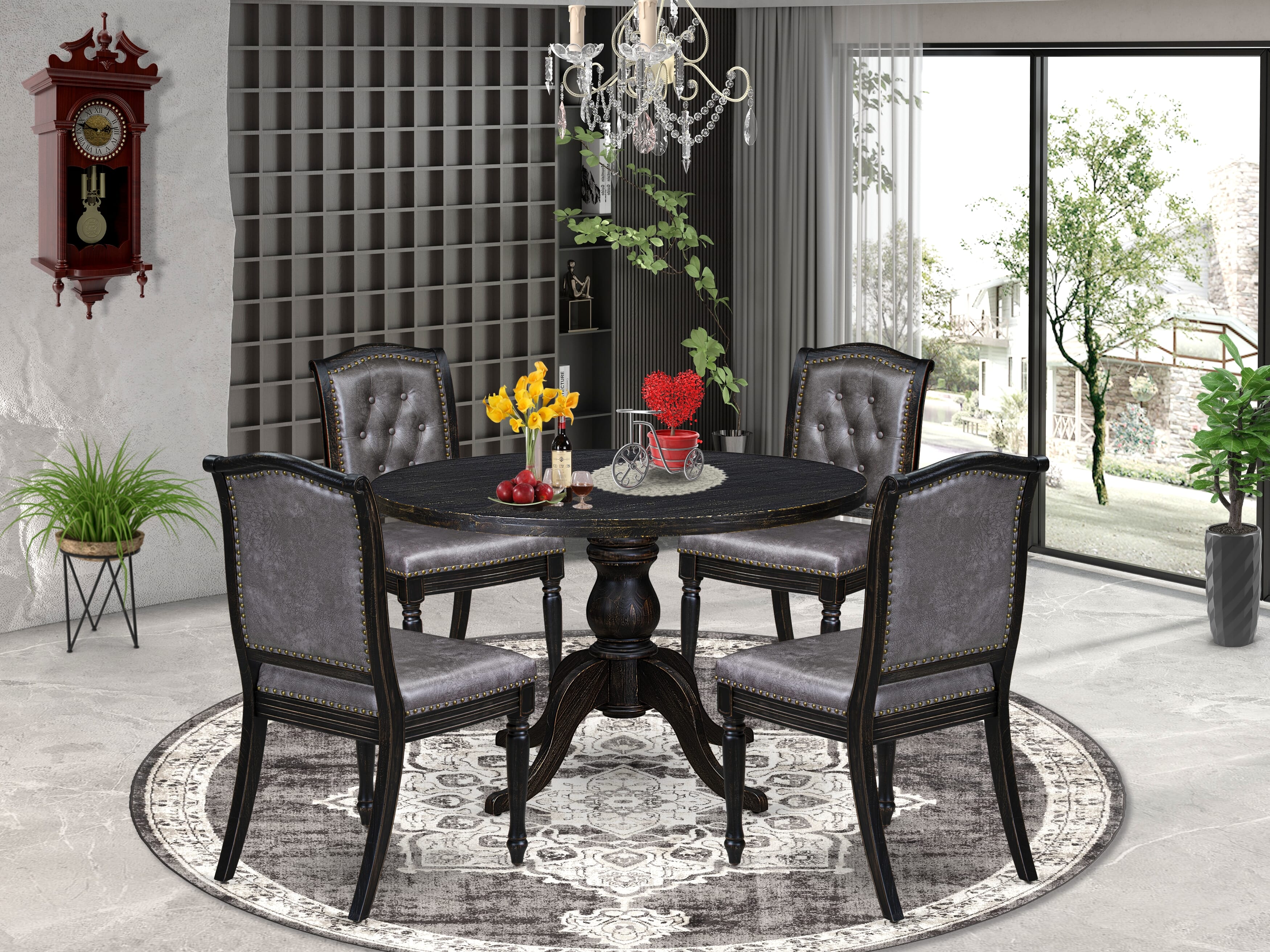 Luxe by East West Furniture I6MA5-411-34 5-Piece Kitchen Table Set with Polyester 4 Dark Gray kitchen chairs, Button tufted Back, and A Kitchen Table in Sand Blasting Black Finish.