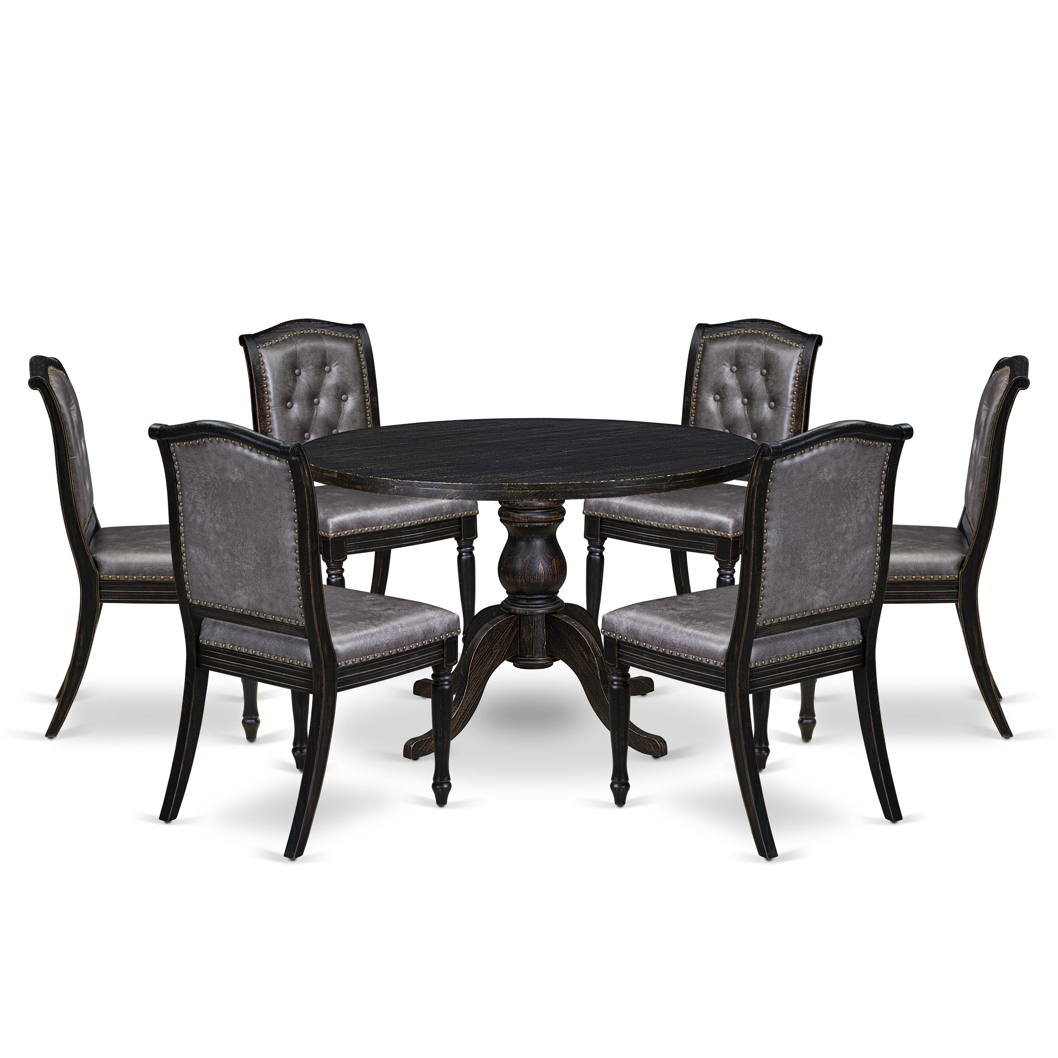 Luxe by East West Furniture I6MA7-411-34 7-Piece Dining Set with Polyester 6 Dark Gray modern chairs, Button tufted Back, and A Dinner Table in Sand Blasting Black Finish.