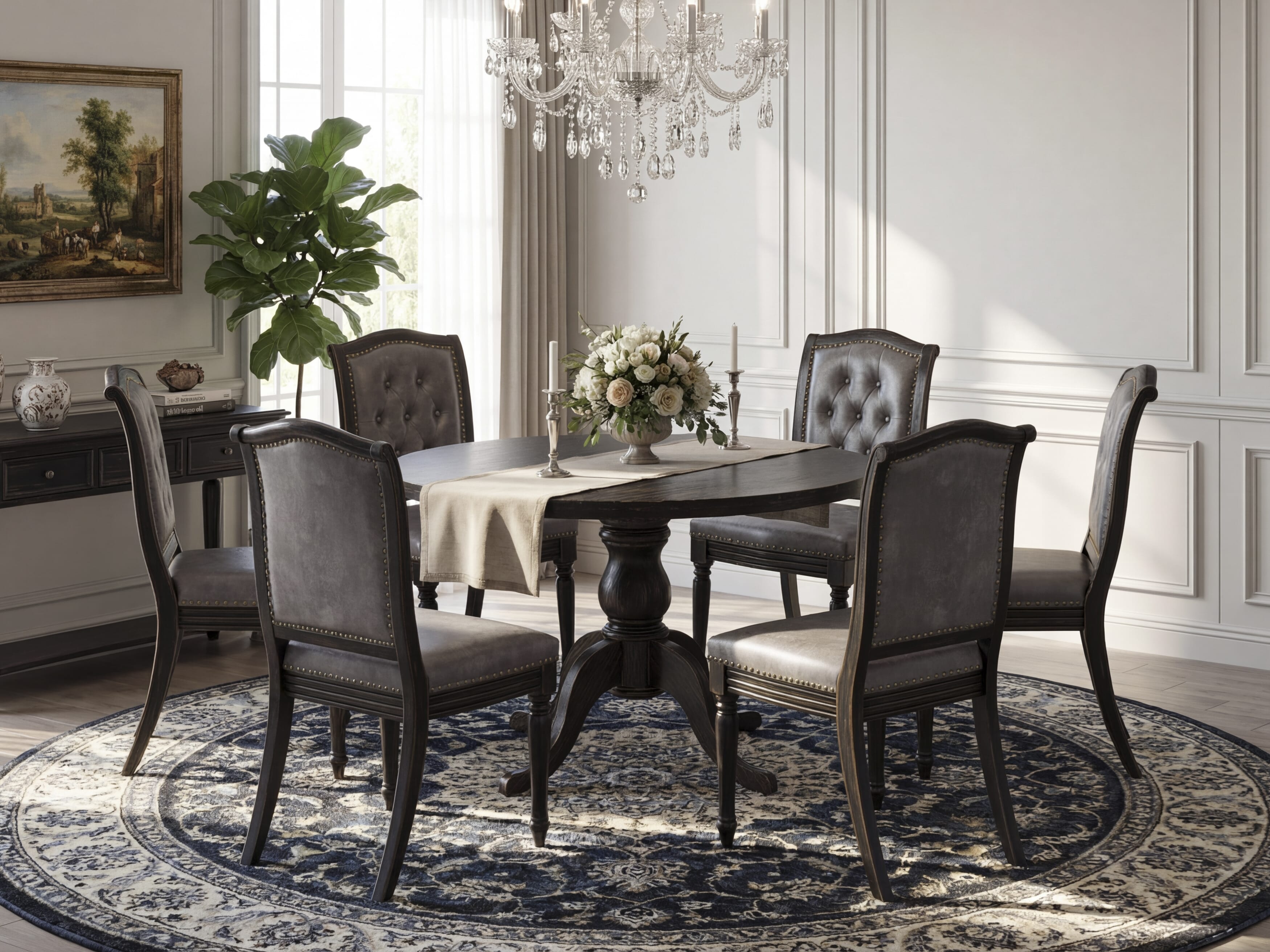 Luxe by East West Furniture I6MA7-411-34 7-Piece Dining Set with Polyester 6 Dark Gray modern chairs, Button tufted Back, and A Dinner Table in Sand Blasting Black Finish.