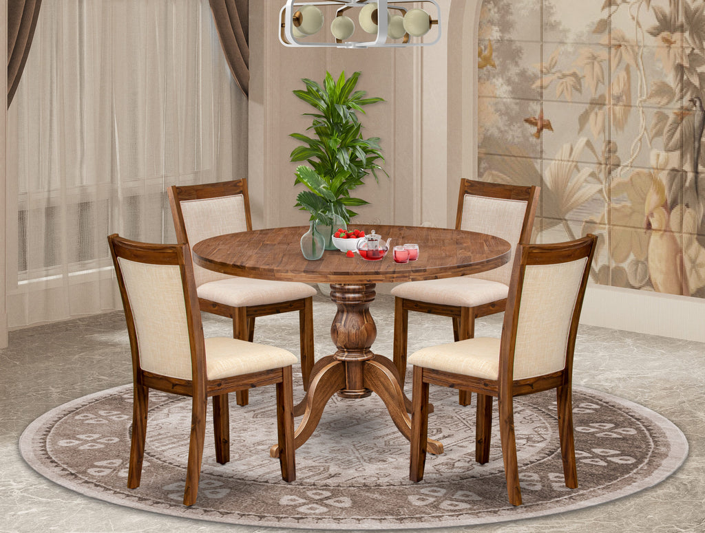 Luxe by East West Furniture I6MZ5-40N-02 5-Pc Kitchen Set Includes a Pedestal Wooden Round Table and 4 Light Beige Linen Fabric Chairs with Padded Back - Antique Walnut
