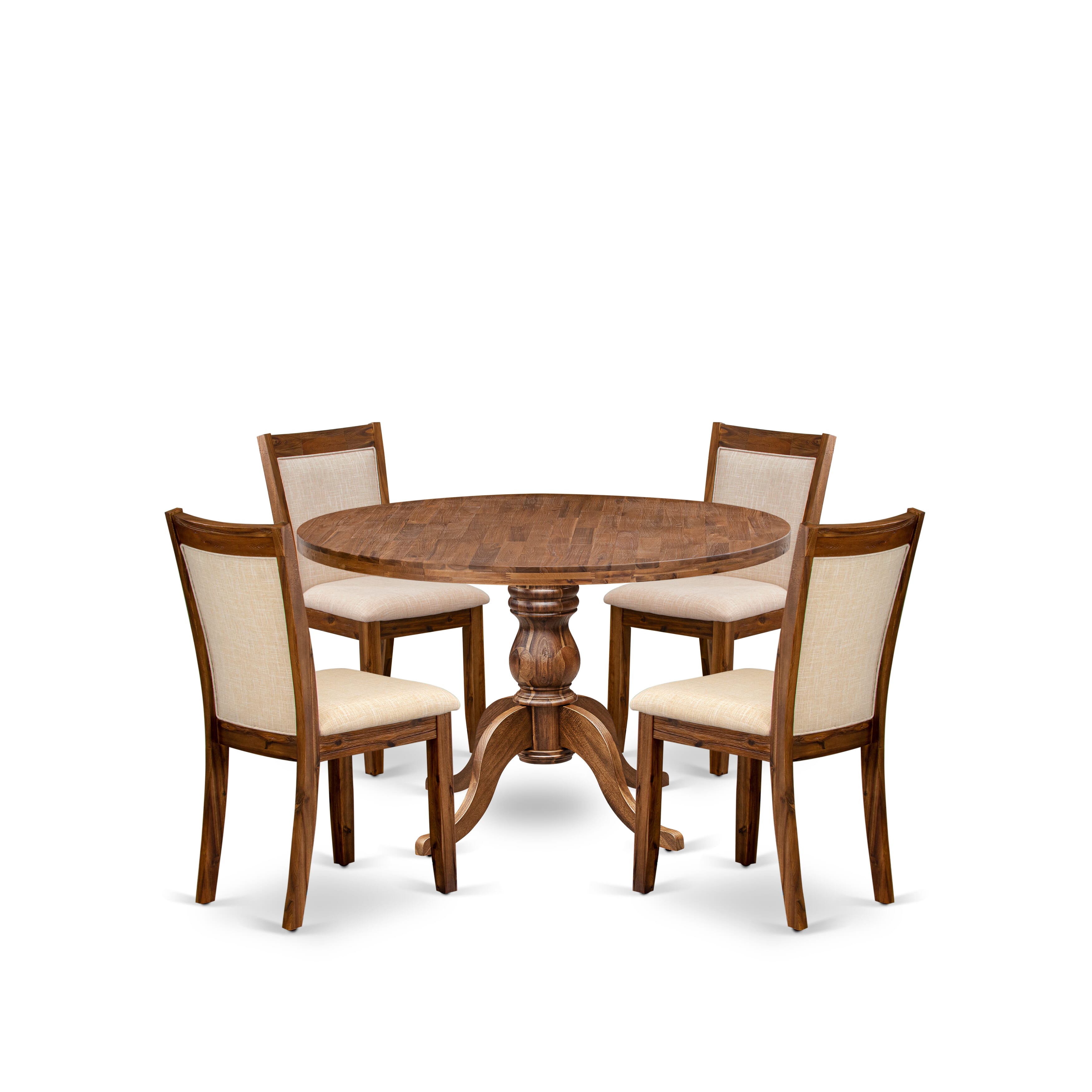 Luxe by East West Furniture I6MZ5-40N-02 5-Pc Kitchen Set Includes a Pedestal Wooden Round Table and 4 Light Beige Linen Fabric Chairs with Padded Back - Antique Walnut
