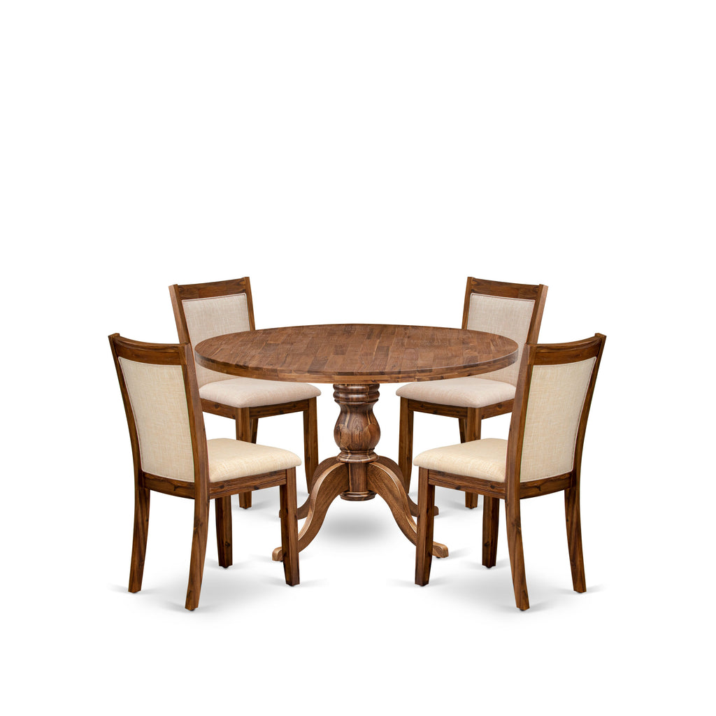 Luxe by East West Furniture I6MZ5-40N-02 5-Pc Kitchen Set Includes a Pedestal Wooden Round Table and 4 Light Beige Linen Fabric Chairs with Padded Back - Antique Walnut