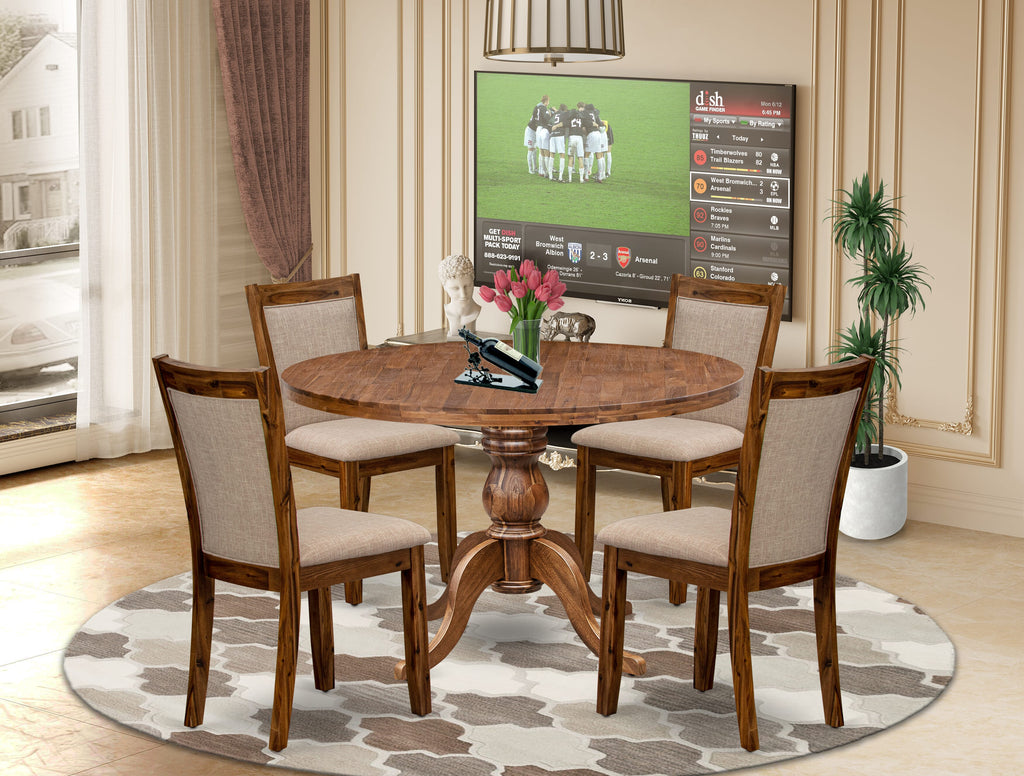 Luxe by East West Furniture I6MZ5-40N-04 5-Pc Kitchen Table Set Includes a Pedestal Wooden Table and 4 Light Tan Linen Fabric Dining Chairs with Padded Back - Antique Walnut