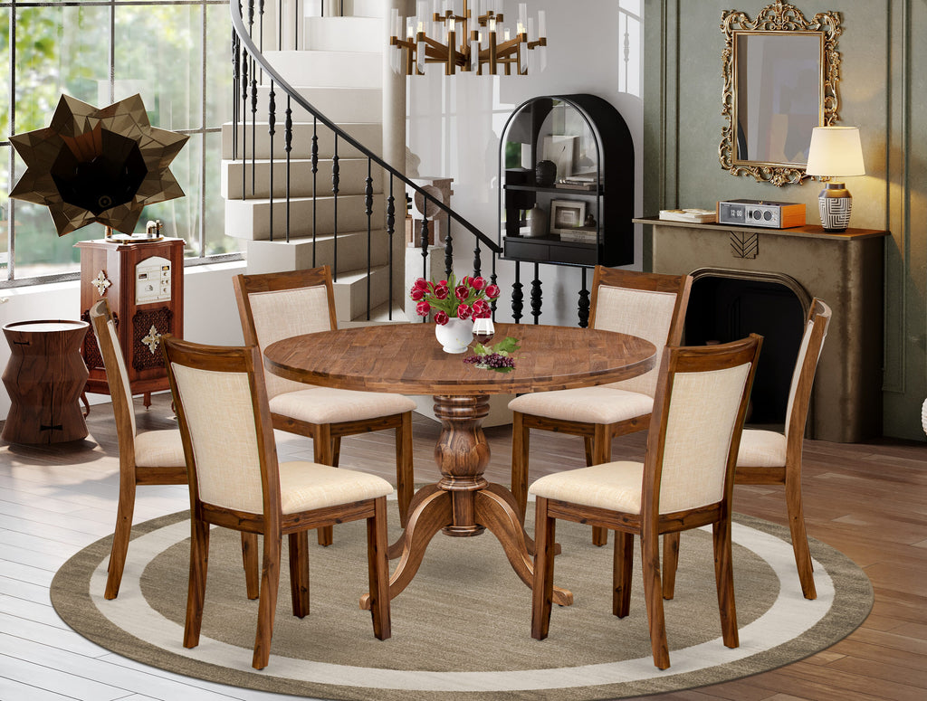 Luxe by East West Furniture I6MZ7-40N-02 7-Pc Kitchen Table Set consists of a Pedestal Dining Table and 6 Light Beige Linen Fabric Chairs with Padded Back - Antique Walnut