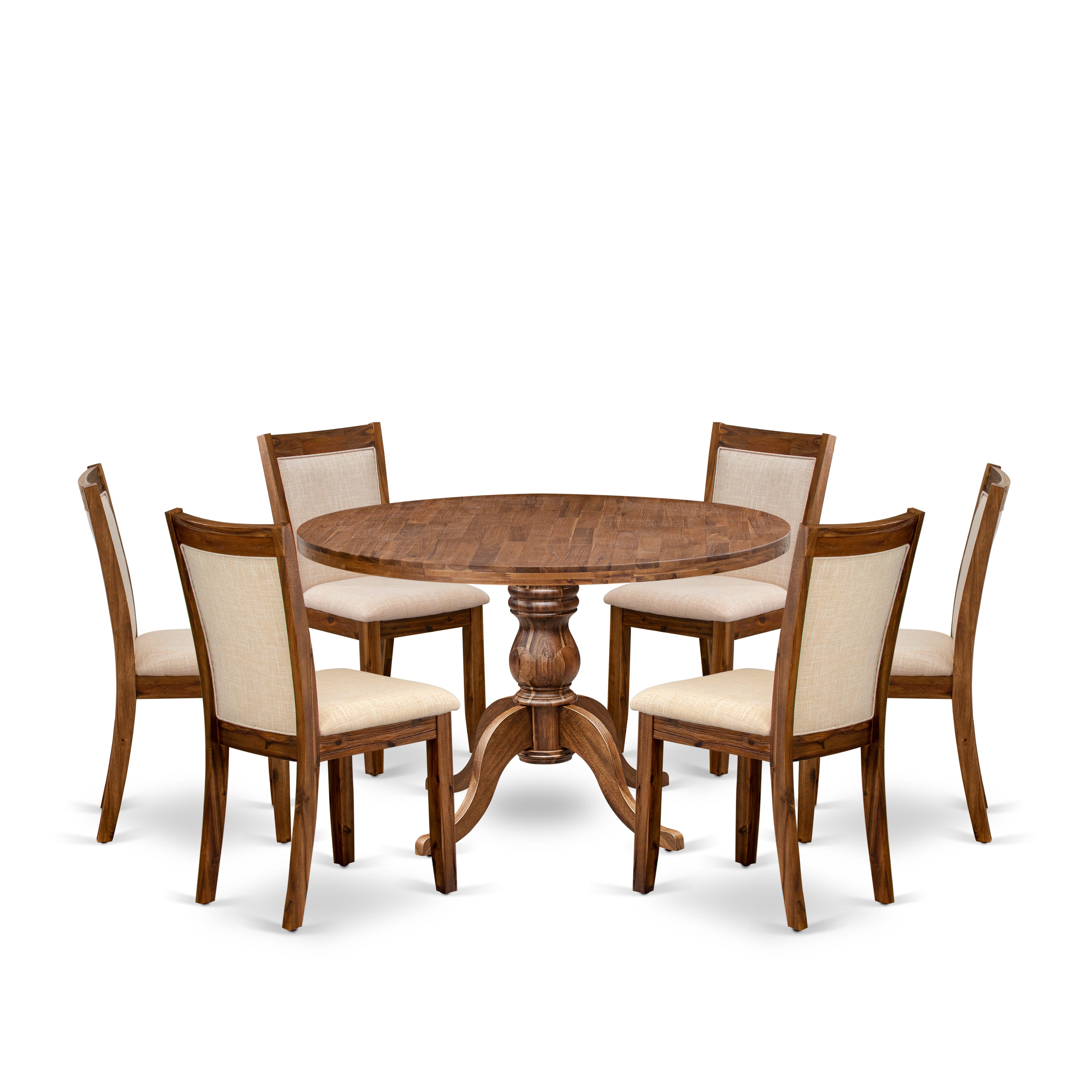 Luxe by East West Furniture I6MZ7-40N-02 7-Pc Kitchen Table Set consists of a Pedestal Dining Table and 6 Light Beige Linen Fabric Chairs with Padded Back - Antique Walnut