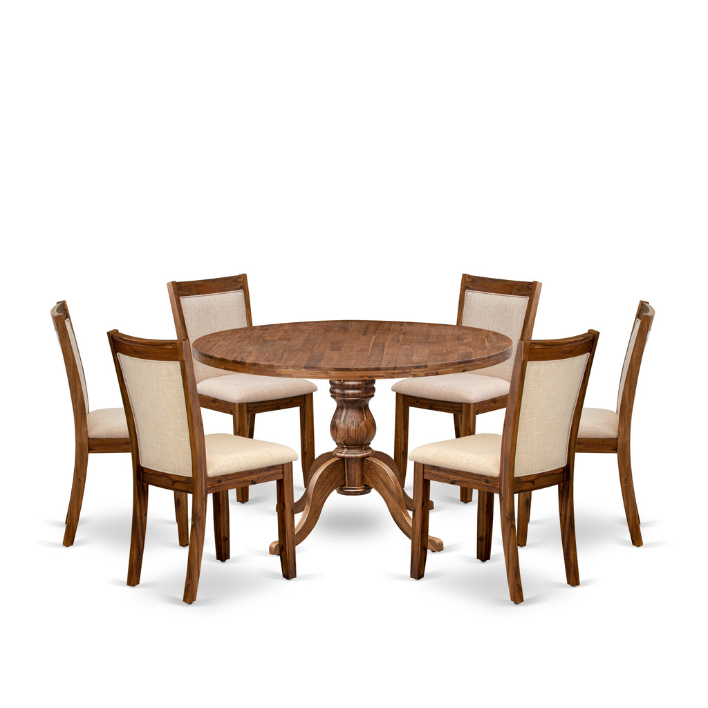 Luxe by East West Furniture I6MZ7-40N-02 7-Pc Kitchen Table Set consists of a Pedestal Dining Table and 6 Light Beige Linen Fabric Chairs with Padded Back - Antique Walnut