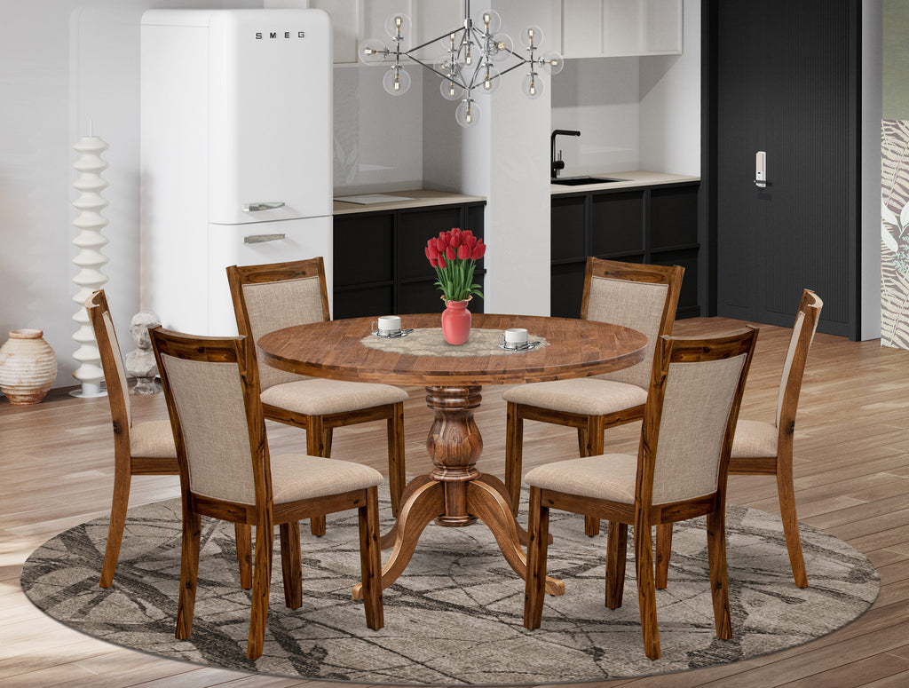 Luxe by East West Furniture I6MZ7-40N-04 7-Pc Dining Set consists of a Pedestal Round Table and 6 Light Tan Linen Fabric Dining Chairs with Padded Back - Antique Walnut Finish