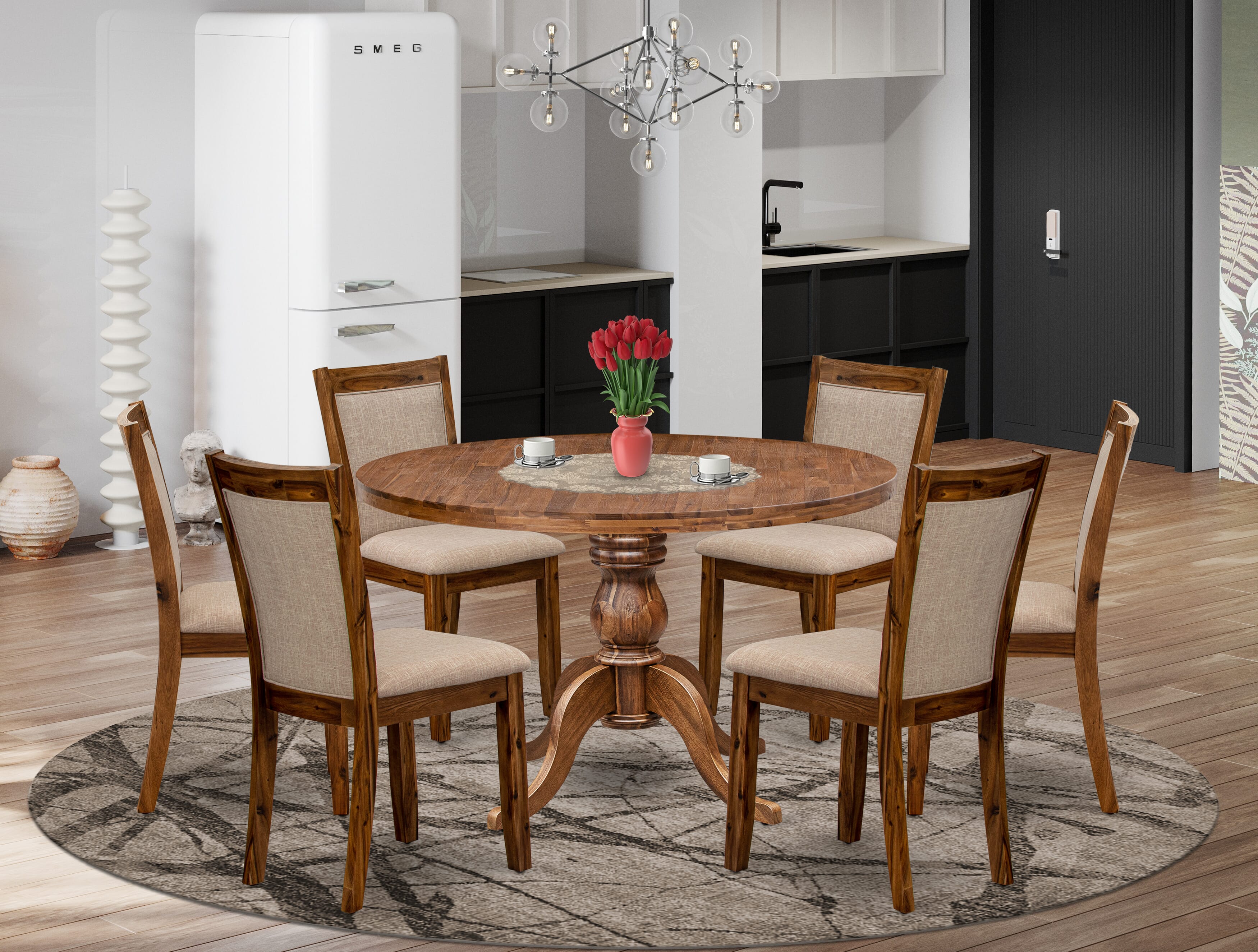 Luxe by East West Furniture I6MZ7-40N-04 7-Pc Dining Set consists of a Pedestal Round Table and 6 Light Tan Linen Fabric Dining Chairs with Padded Back - Antique Walnut Finish