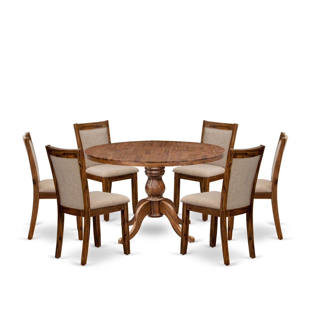 Luxe by East West Furniture I6MZ7-40N-04 7-Pc Dining Set consists of a Pedestal Round Table and 6 Light Tan Linen Fabric Dining Chairs with Padded Back - Antique Walnut Finish