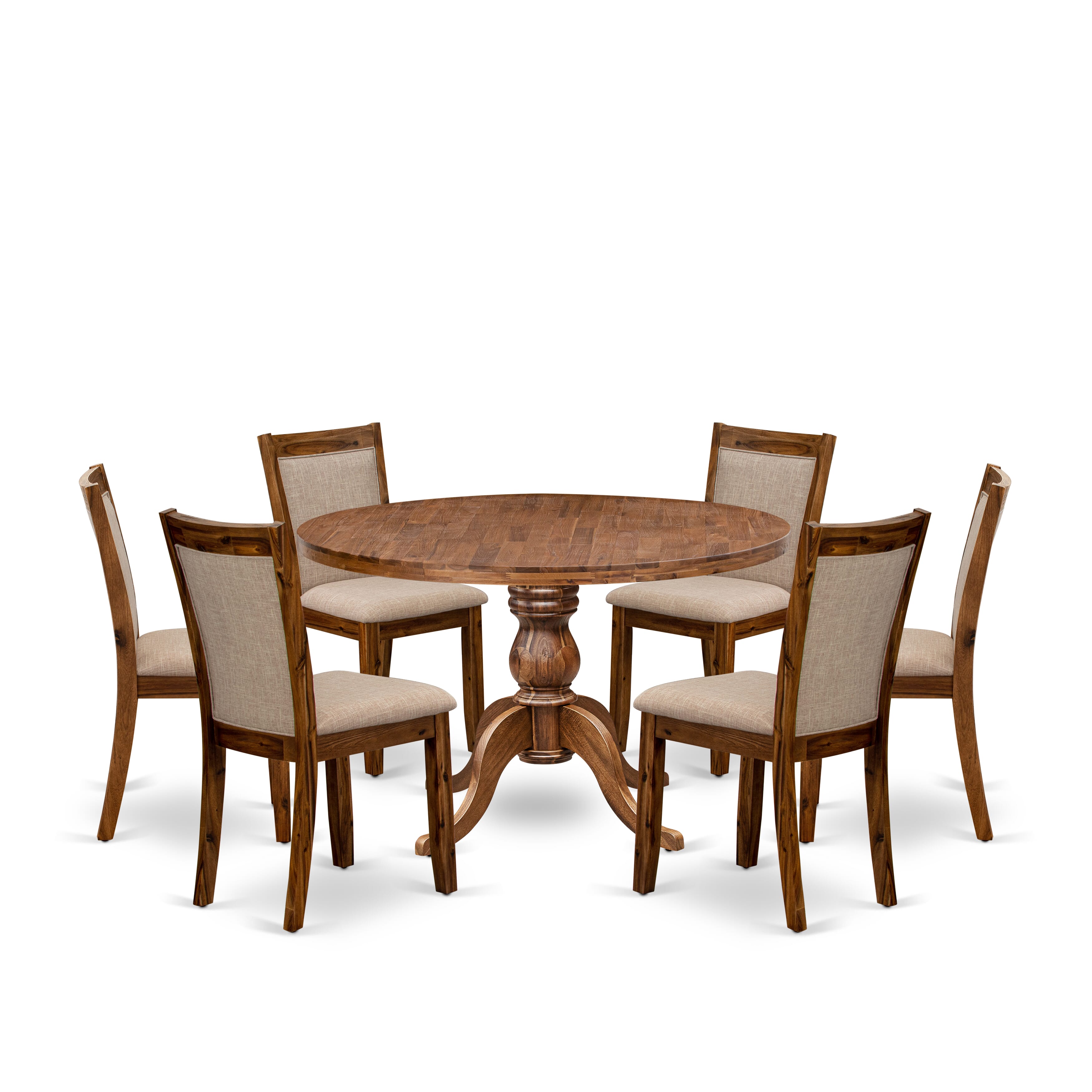 Luxe by East West Furniture I6MZ7-40N-04 7-Pc Dining Set consists of a Pedestal Round Table and 6 Light Tan Linen Fabric Dining Chairs with Padded Back - Antique Walnut Finish
