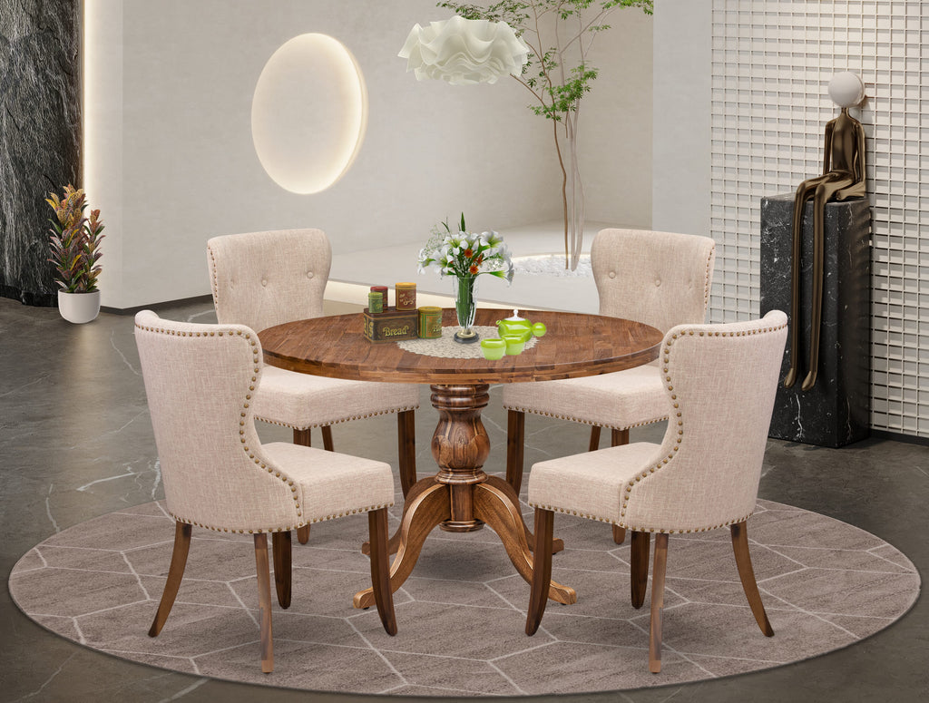 Luxe by East West Furniture I6SI5-40N-04 5 Piece Dining Set Consists of a 48" Round Kitchen Table with Pedestal and 4 Light Tan Linen Fabric Parson Chairs, Antique Walnut
