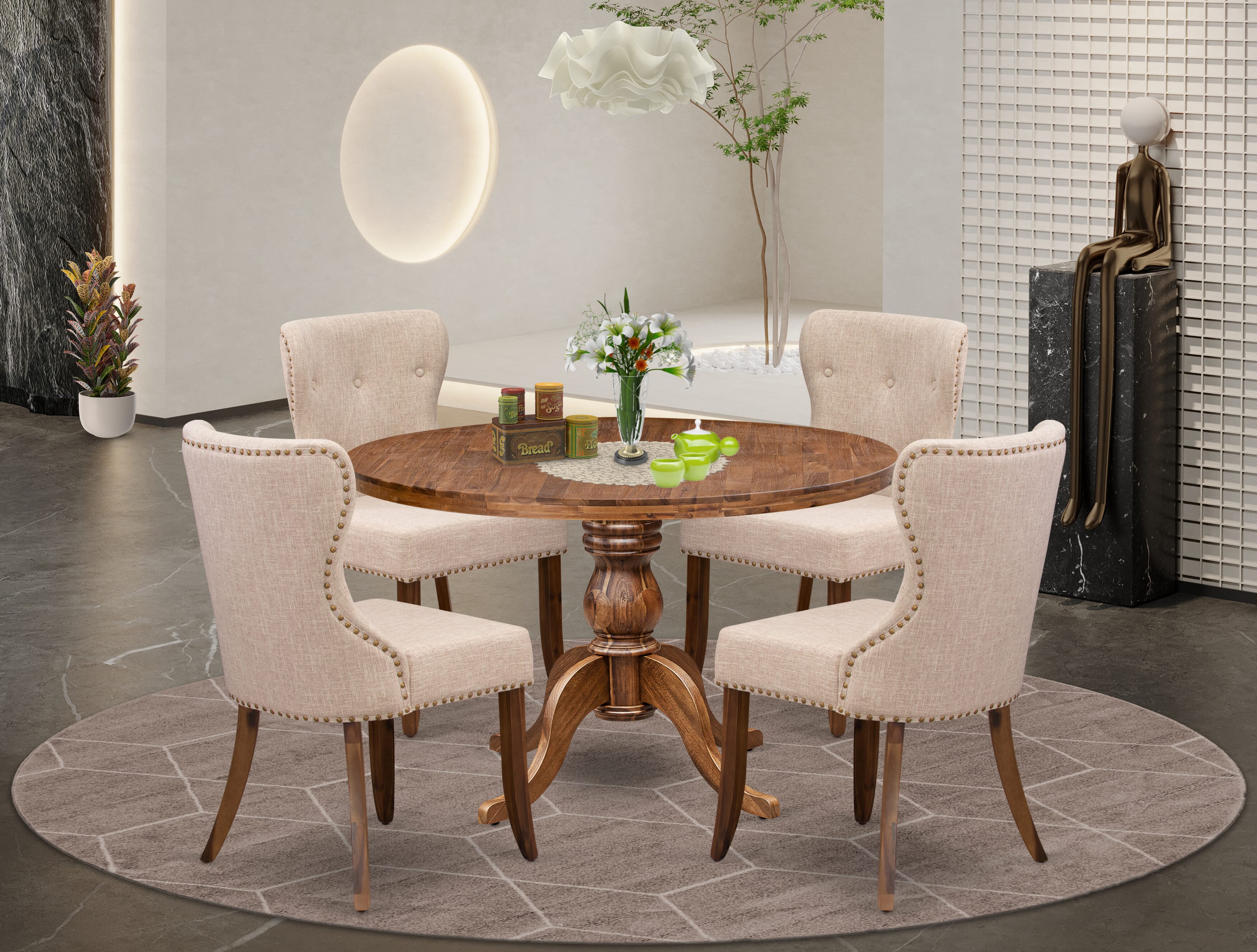 Luxe by East West Furniture I6SI5-40N-04 5 Piece Dining Set Consists of a 48" Round Kitchen Table with Pedestal and 4 Light Tan Linen Fabric Parson Chairs, Antique Walnut