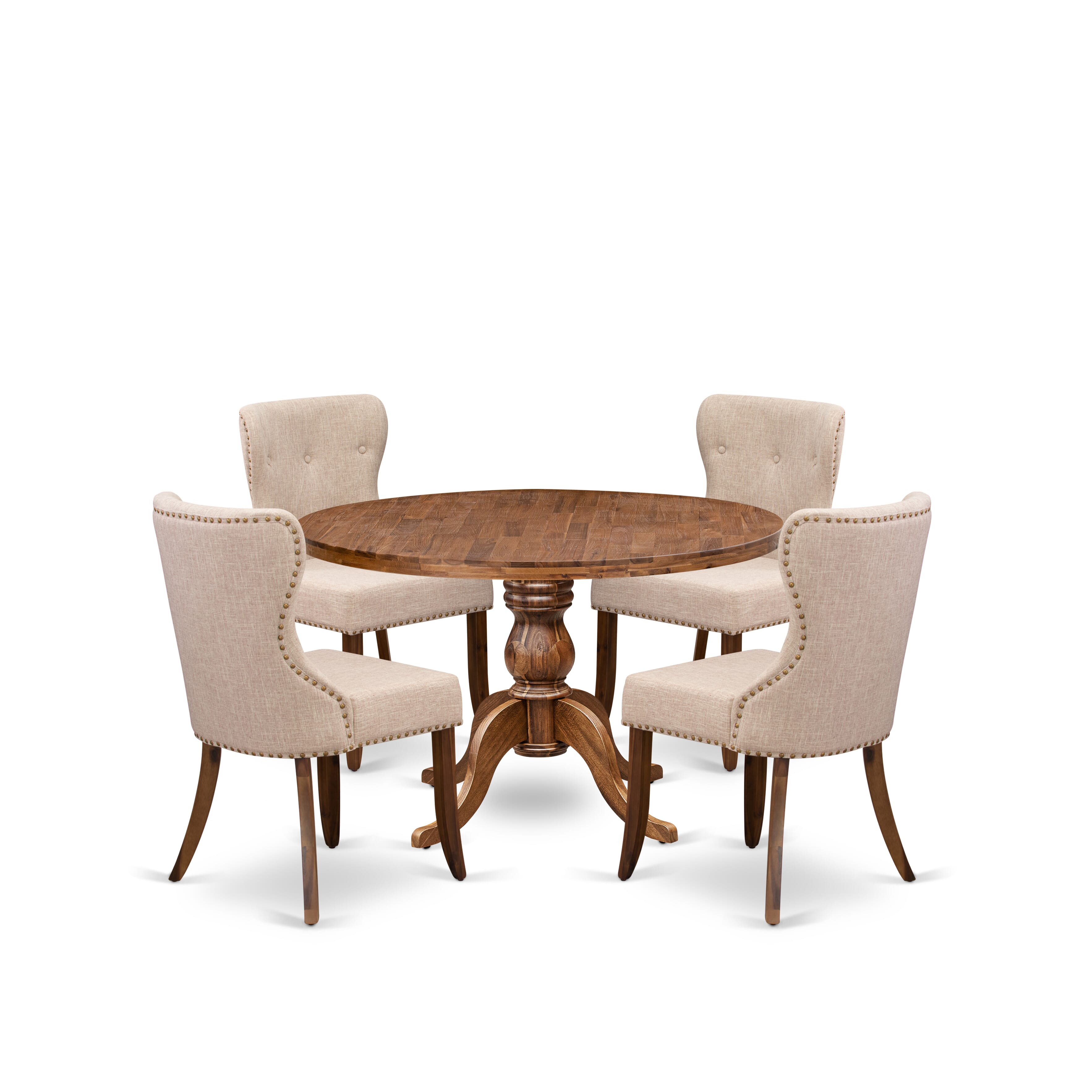 Luxe by East West Furniture I6SI5-40N-04 5 Piece Dining Set Consists of a 48" Round Kitchen Table with Pedestal and 4 Light Tan Linen Fabric Parson Chairs, Antique Walnut